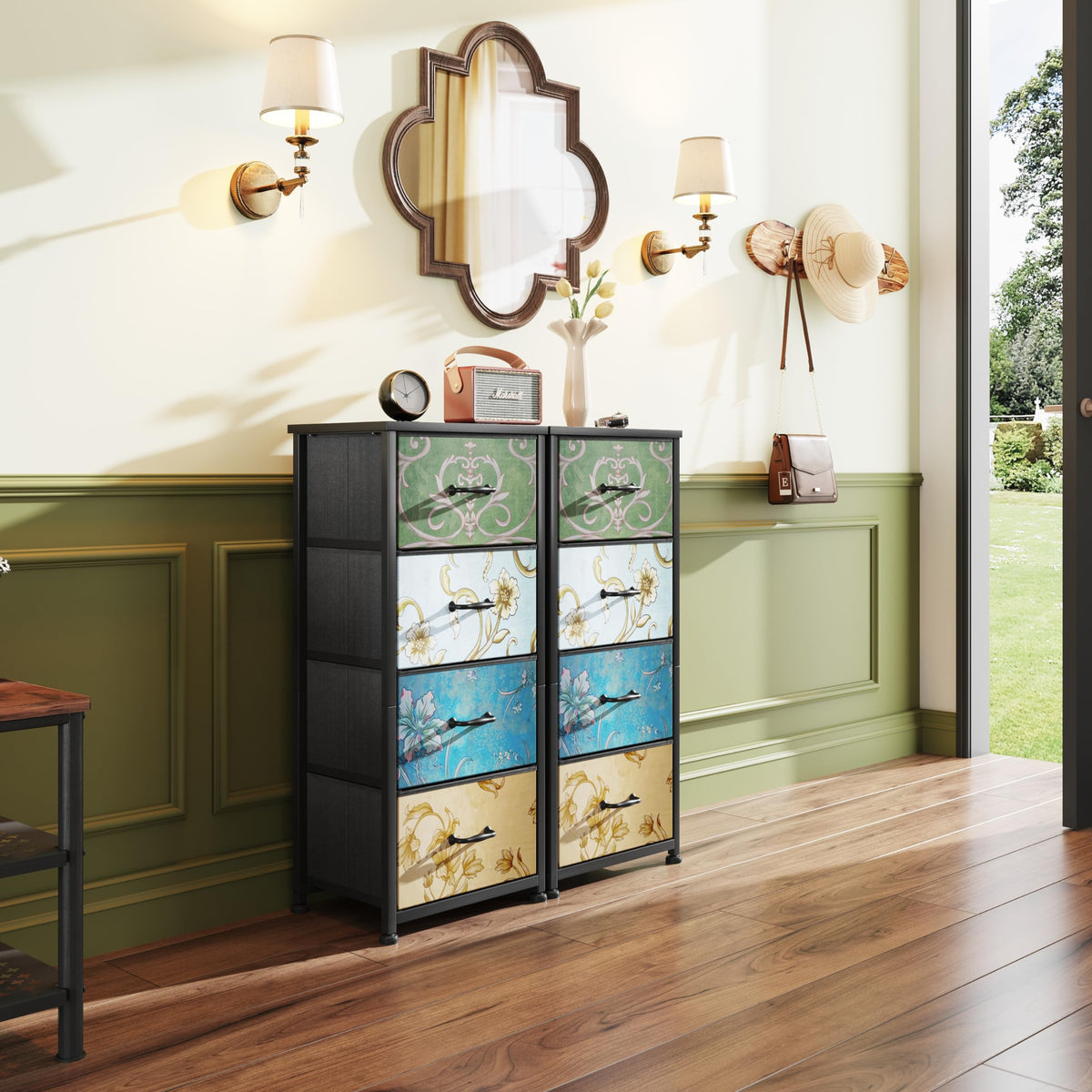 CAIYUN Chest of Drawers Bedroom with 4 Drawers and Flower Printing, Small Fabric Dressers, Dresser for Entryway Hallway Living Room, Closet Storage