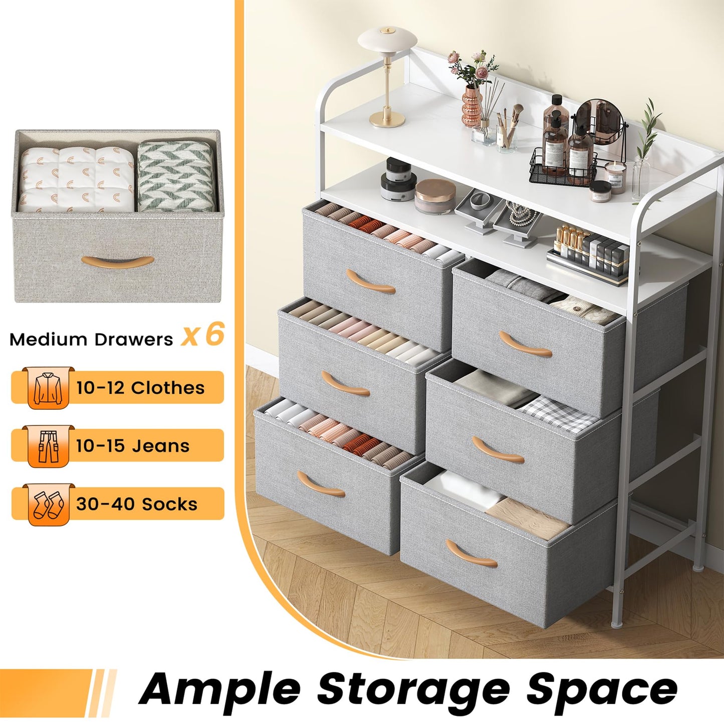 Feonase 6 Drawer Fabric Chest Of Drawers, Double Wooden Top Fabric Storage Tower - Sturdy Steel Frame Dresser for Bedroom/Living Room/Baby Room