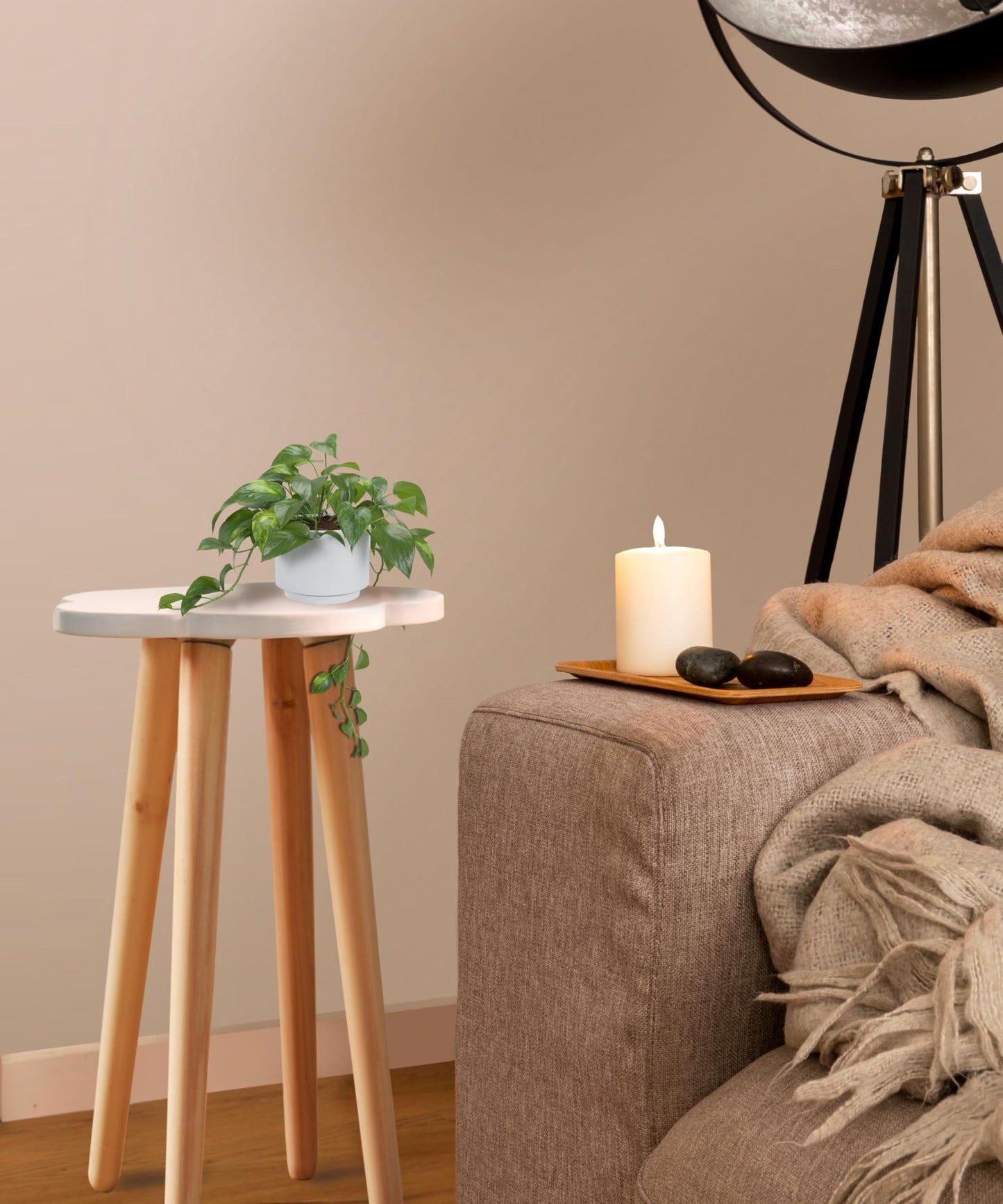 Modern White Side Table - 62cm Tall Plant Stand, Wooden Indoor Cloud Table