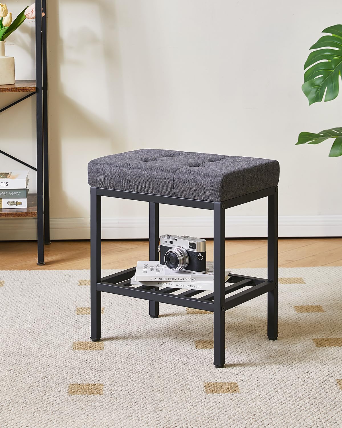 IBUYKE Rectangular Makeup Stool, Linen Seat Vanity Chair, Dark Gray WBD017G