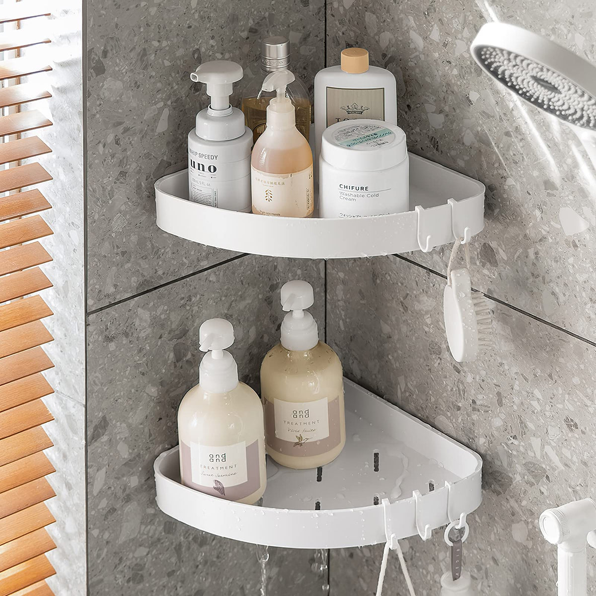 Toski Corner Shelf, Shower Shelf No Drilling Corner, Shower Shelf for Hanging, White, Pack of 2 Shower Corner Shelf, Bathroom with 4 Hooks, Corner