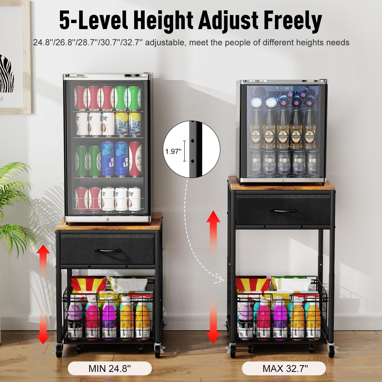 Housolution Mobile Mini Fridge Stand with Storage, Height Adjustable