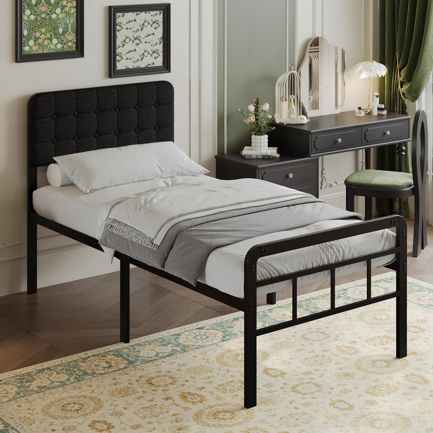 EMODA Small Single Bed Frame with Upholstered Headboard and Footboard