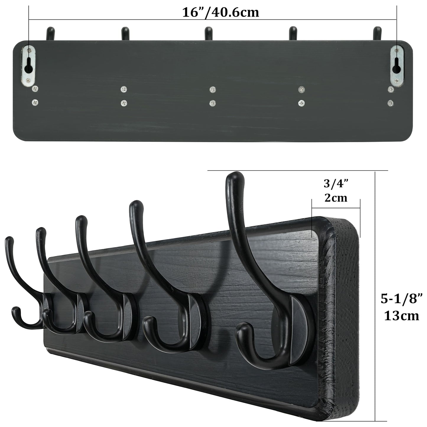WEBI Coat Rack Wall Mounted,Coat Hooks Wall Mounted,16 Hole to Hole,Large Coat Hanger Wall Hook Rack,5 Hooks for Hanging
