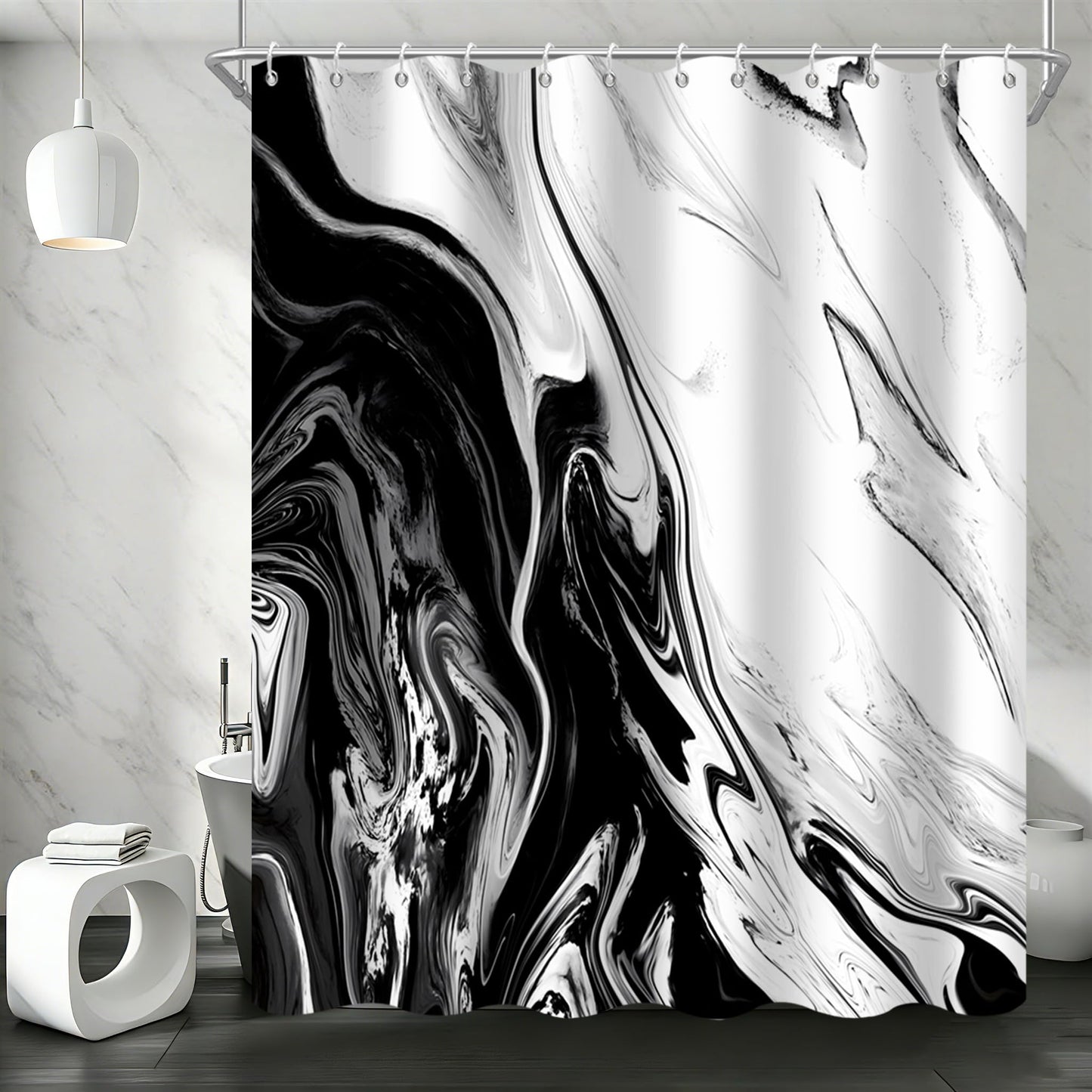 GCIREC Shower Curtain, 180x200cm, Black White Texture Ink Marble Modern Art Waterproof Fabric Machine Washable Bathroom Curtain with Hooks