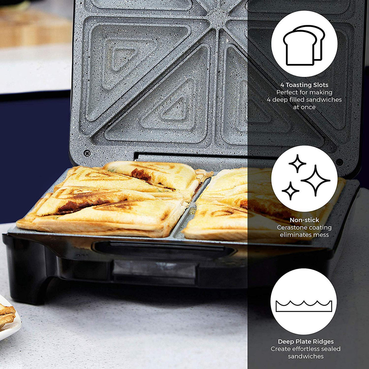 Tower T27021 4 Slice Deep Fill Sandwich Maker with Extra-Deep, Non-Stick Ceramic Coated Plates, Automatic Temperature Control, 1600W, Black