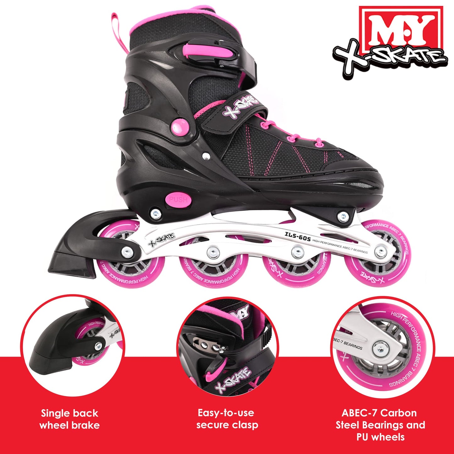 M.Y X-Skate Adjustable Pink Inline Roller Skates with Built In Adjusters Kids Roller Boots for Boys & Girls - Medium