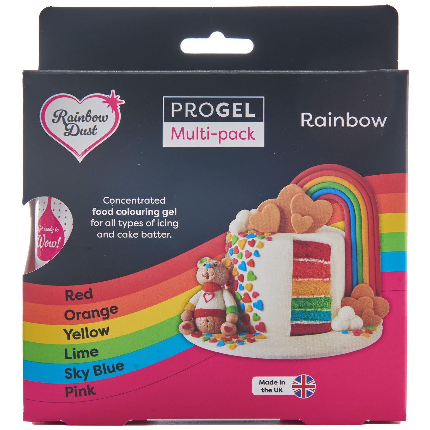 Rainbow Dust ProGel? Concentrated Food Colour, 6 Tube Multipack, Rainbow Colours Colouring Gel For Baking and Cake Decorating, Red, Orange, Lime, Sky