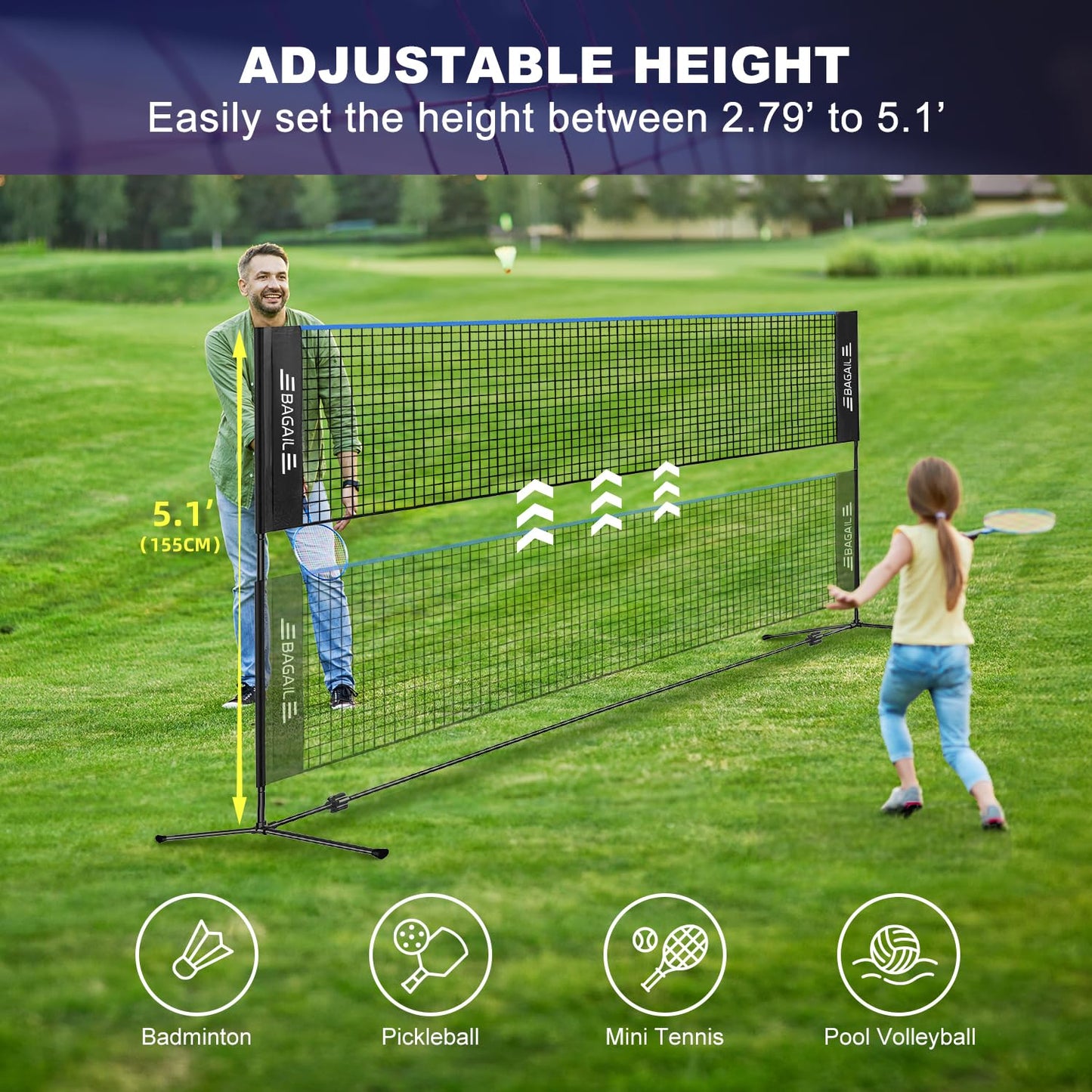 BAGAIL Badminton Net, Foldable Nylon Net, Hieght Adjustable Stand and Portable Carry Bag, Easy to Assemble or Disassemble, Ideal Recreational Sports