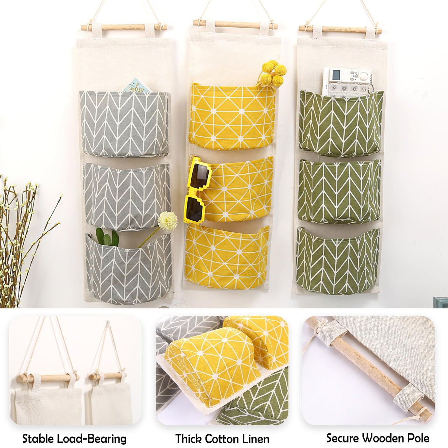 3-Pack Wall Hanging Storage Bags – Over-The-Door Organizers with 3 Large Pockets (6.3" × 5.1"), Hanging Closet & Pantry Organizer for Bedroom