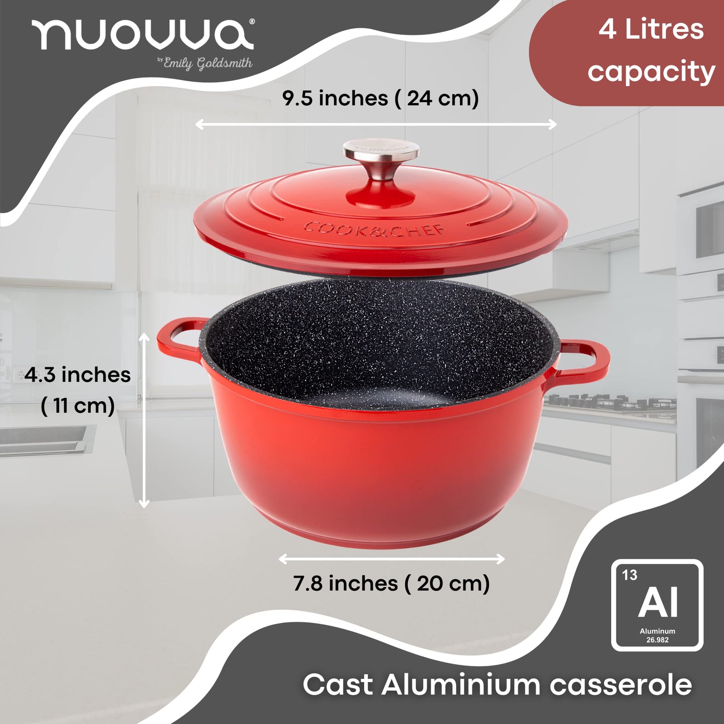 Non-Stick Aluminium Pot with Lid  Sturdy Deep Dutch Oven  Casserole Pot with Ergonomic Handles  4L, 24cm, Red  Oven Safe Cooking Pot  by Nuovva