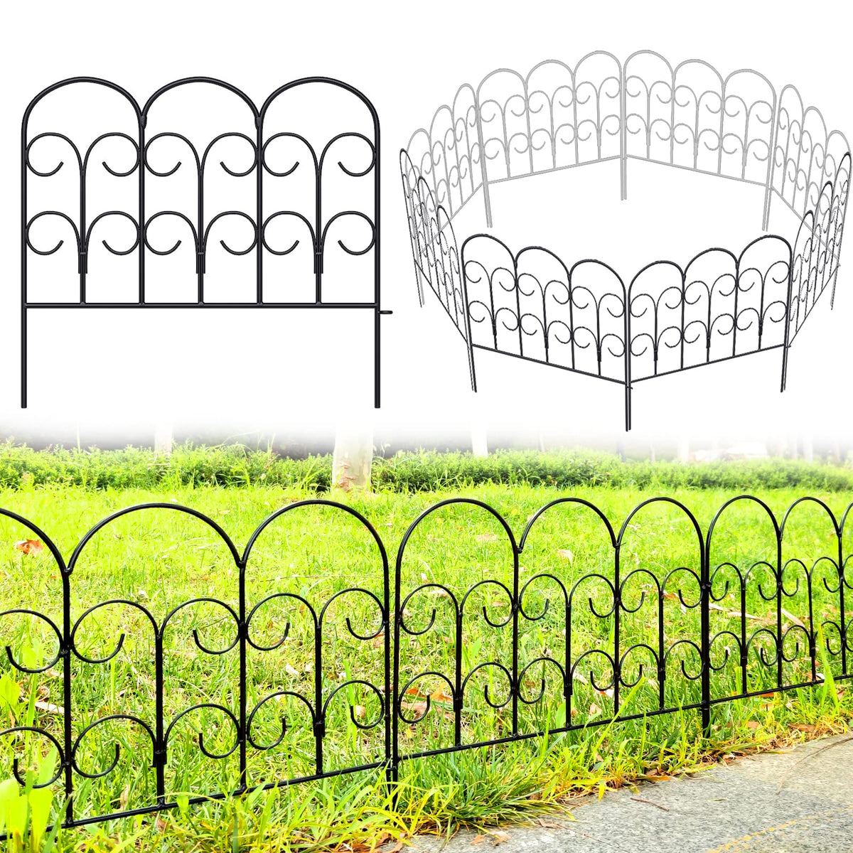 Thealyn Decorative Metal Garden Fence 40cm. H x 47cm. W (5 Panels, Total Length 2.35m) Fence Panels Landscape Fencing Rustproof Wrought Iron Garden