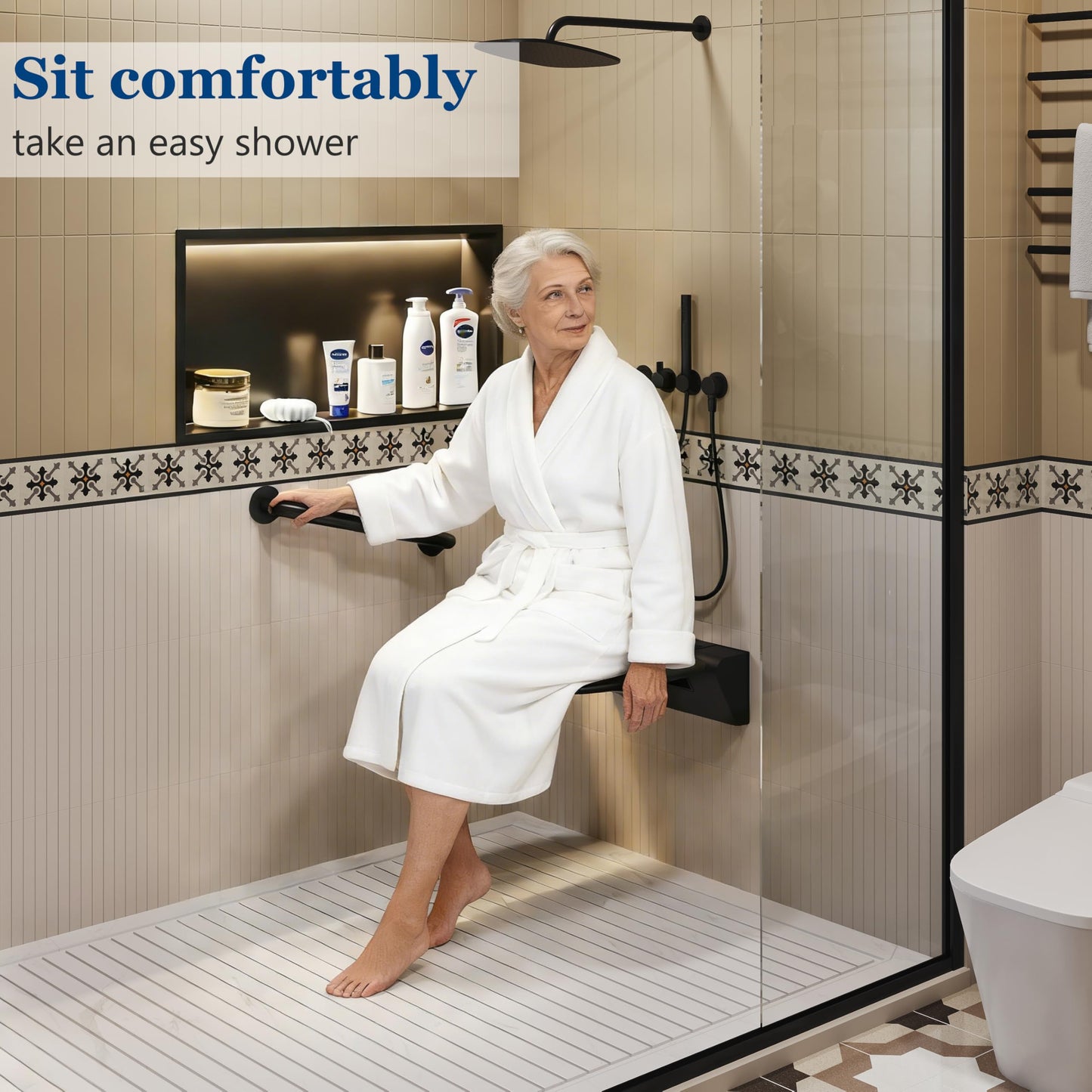 Neohomee Folding Shower Seat Wall Mounted Shower Chair 40x40 cm, Extra-Wide Black Shower Stool for Elderly, 200kg Capacity, Anti-Slip