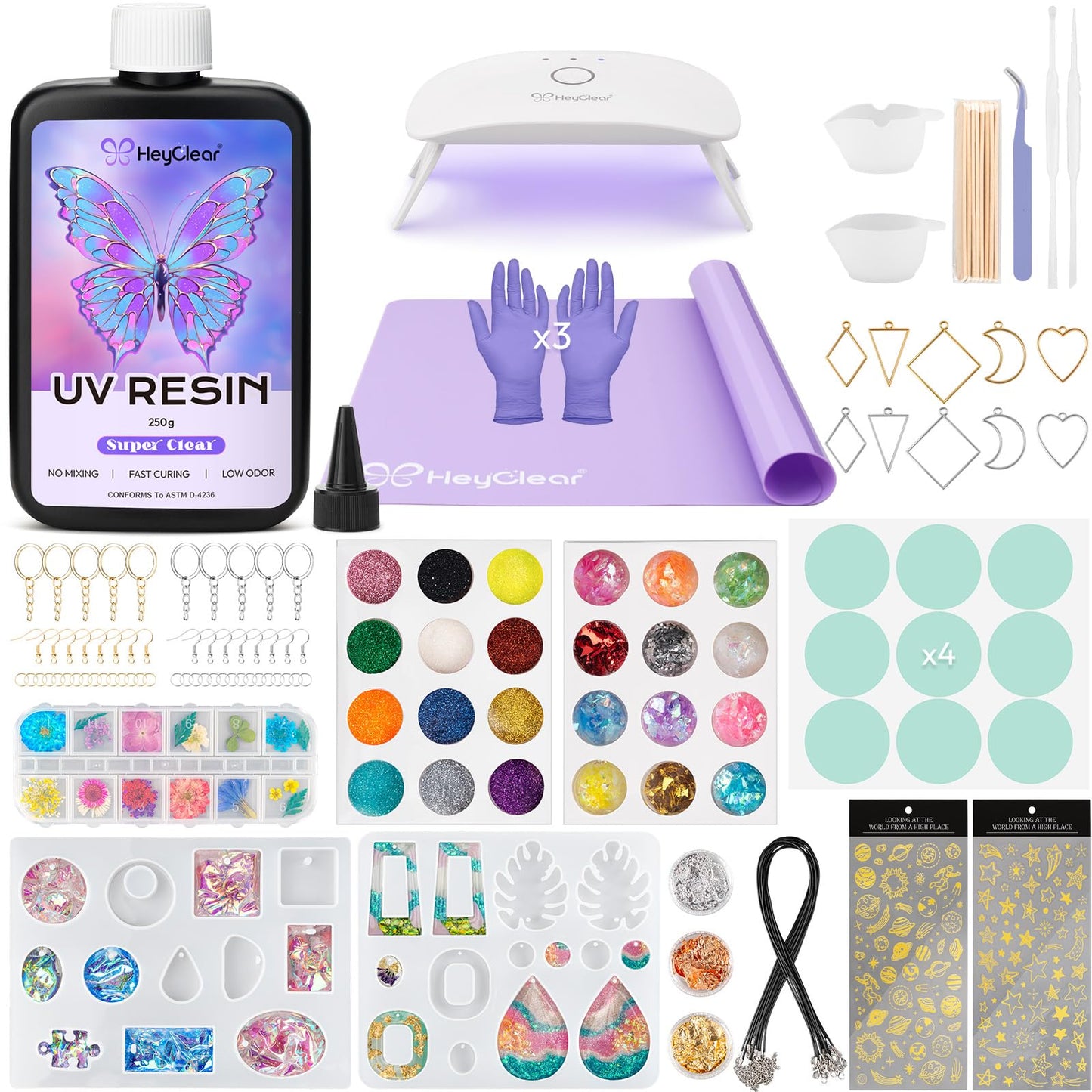 HeyClear UV Resin Moulds Jewelry Making Kit with UV Light -250g Super Clear, Hard Premixed and Fast Curing for Keychains, Earrings, DIY Craft