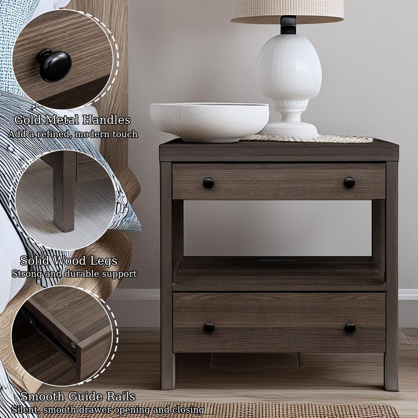 MINCETA Nightstand with Charging Station, Wood Storage End Table with 2 Drawers & Open Shelf