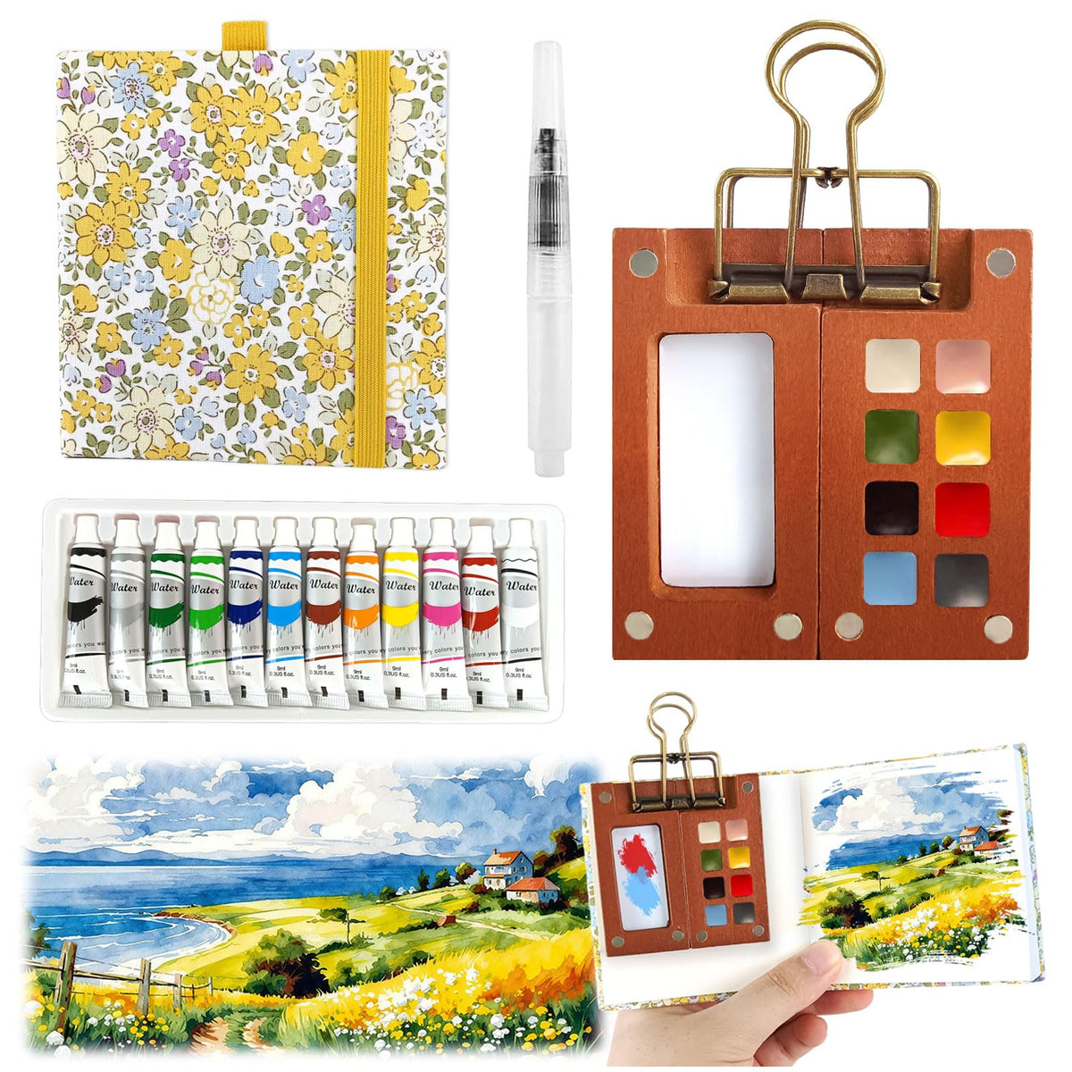 5 Pcs Pocket Artist Watercolour Travel Set, 8 Grids Portable Watercolor Palette Travel Watercolour Paint Set Mini Paint Palette Travel Kit with