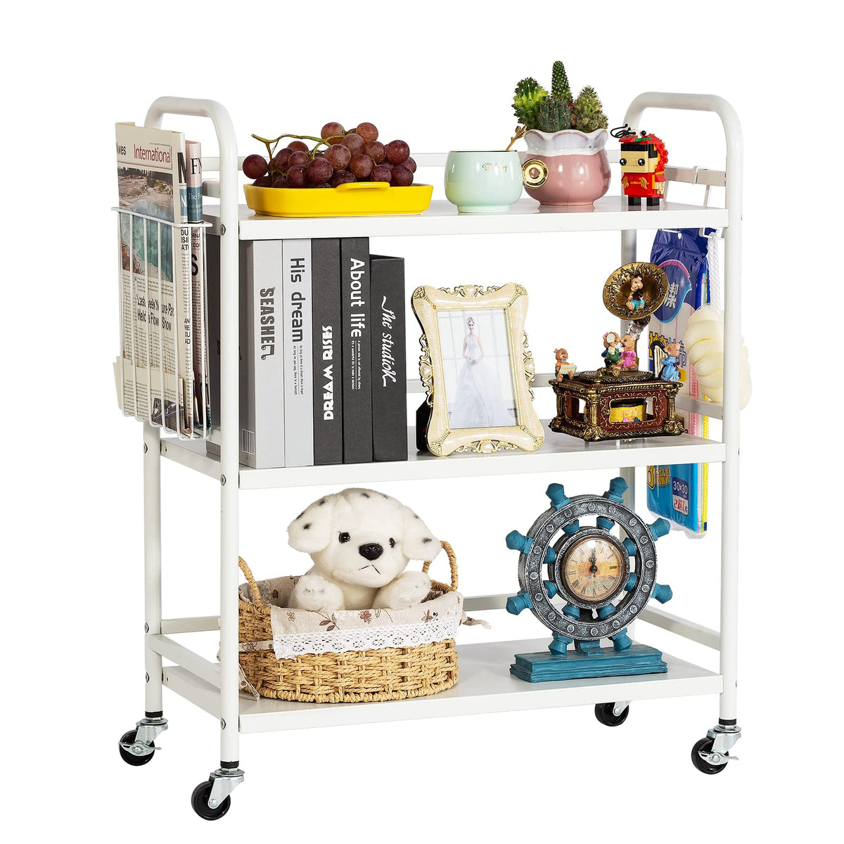 HDANI Serving Trolley,3-Tier Metal Trolley,White,with Basket