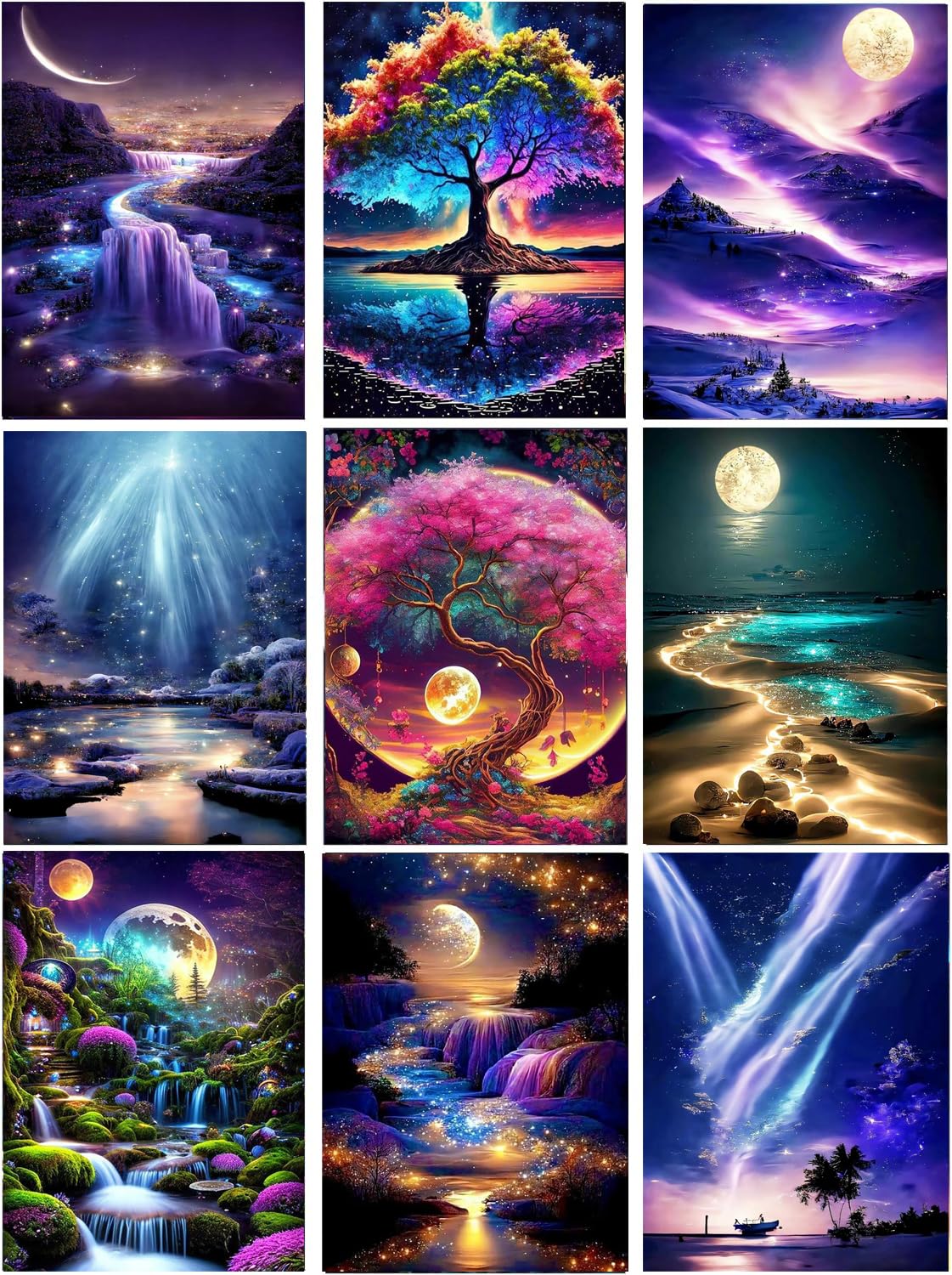 9 Pack Landscape Diamond Painting Kits for Adults?5D DIY Aurora Borealis with Tree Diamond Art Kits for Beginners Round Full Drill Painting with