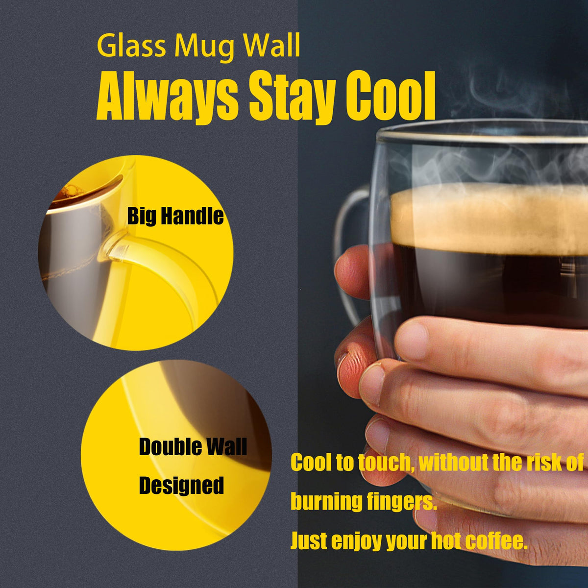 PunPun Large Coffee Cup Set of 4, Glass Mugs for Hot Beverages & Iced Coffee, Double Wall Glass Coffee Mugs