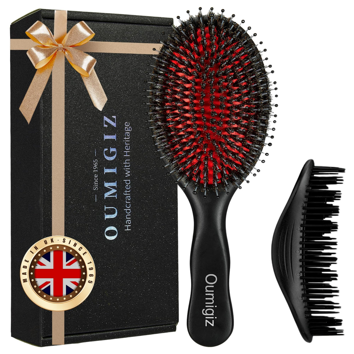 OUMIGIZ Boar Bristle Hair Brush Since 1965 British Craftsmanship, Handmade Natural Wood Slick Back Hairbrush, Soft Bristles Gentle Detangling