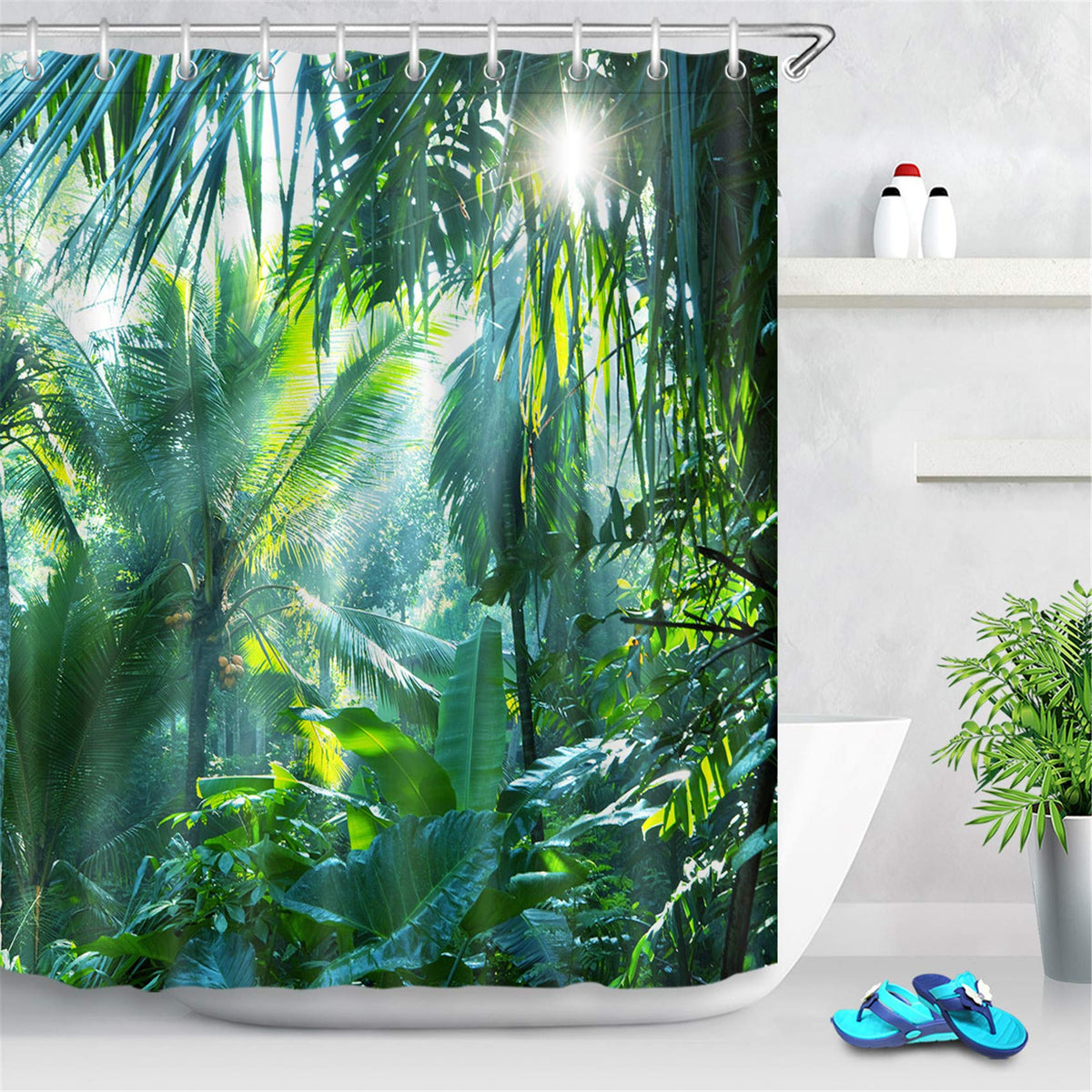 LB Tropical Forest Shower Curtain Banana Leaf Waterproof Bathroom Curtain with 12pcs Hooks,71x78 inches Extra Long Green Jungle Anti Mould Polyester