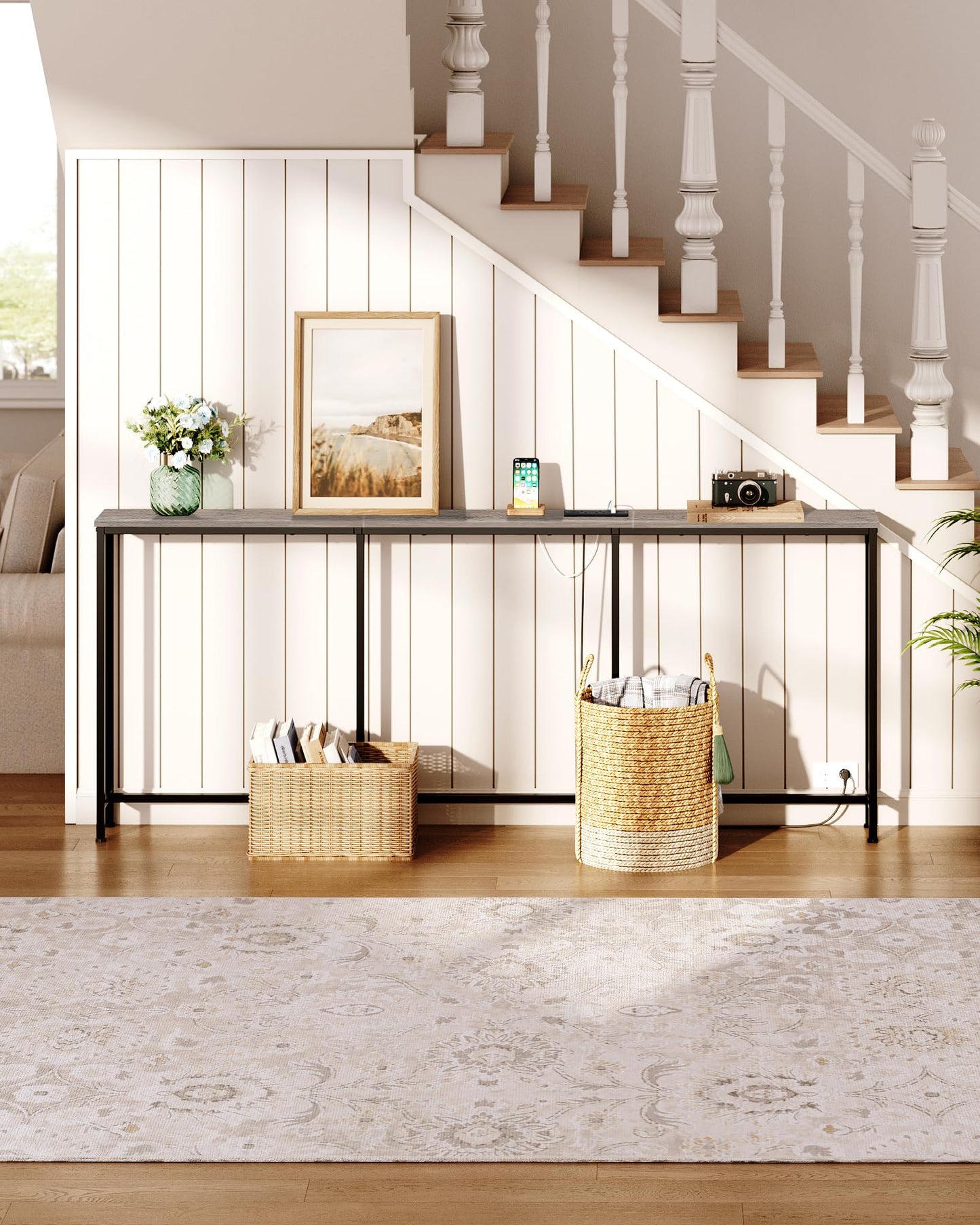 CHOEZON 200 cm Narrow Console Table with Power Outlet, 18 cm Skinny Sofa Table, Long Behind Couch Table with Charging Station