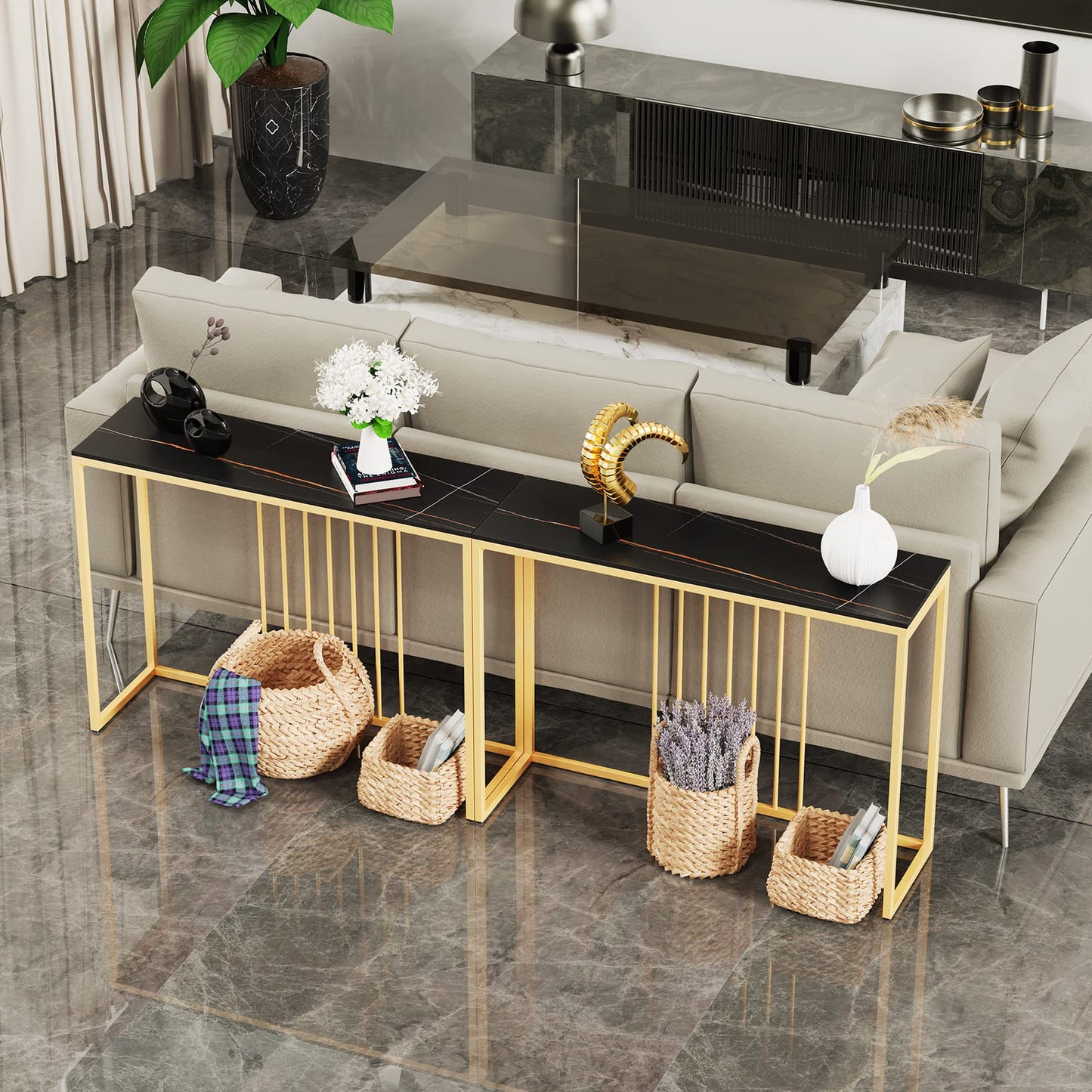 Fativo 100cm Long Hallway Console Table, Sintered Stone Black Marble Top