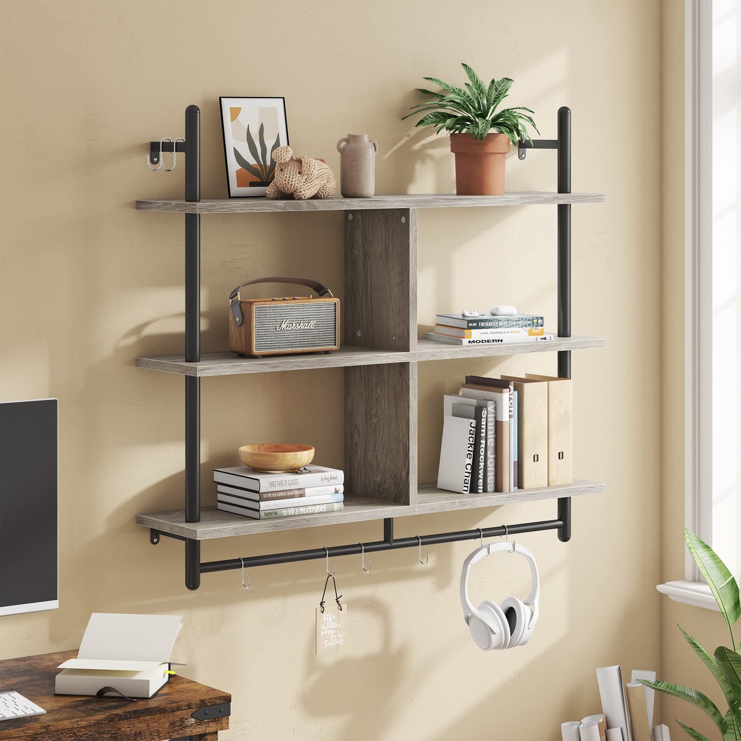 Bestier 3 Tier Floating Pipe Shelving 115CM Industrial Wall Mounted Ladder Shelf Hanging with Circular Tube with Hooks Wood Display Storage Home Decor