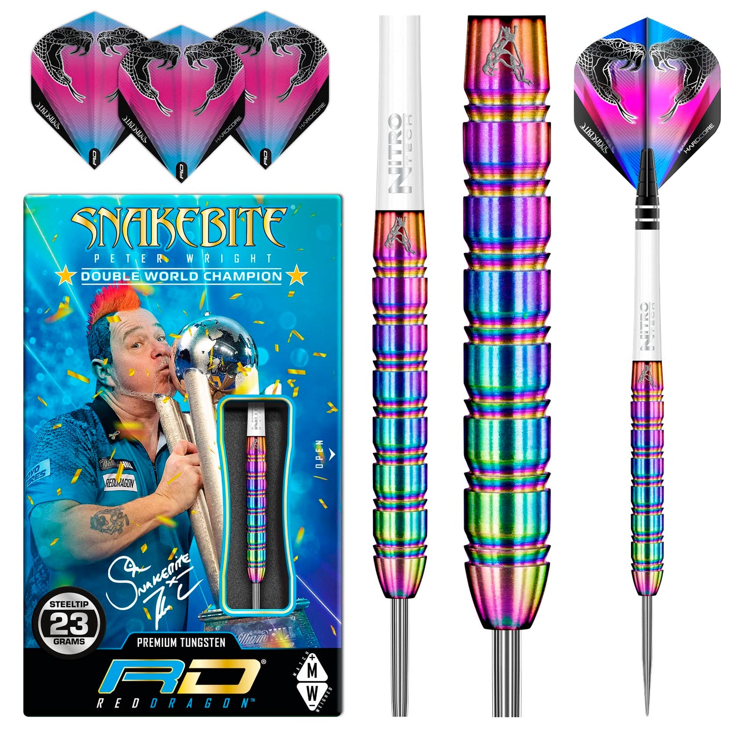 RED DRAGON Darts ? Peter Wright Snakebite 1 Series 23g ? Professional 85% Tungsten Steel Tip Darts Set with Dart Flights and Shafts
