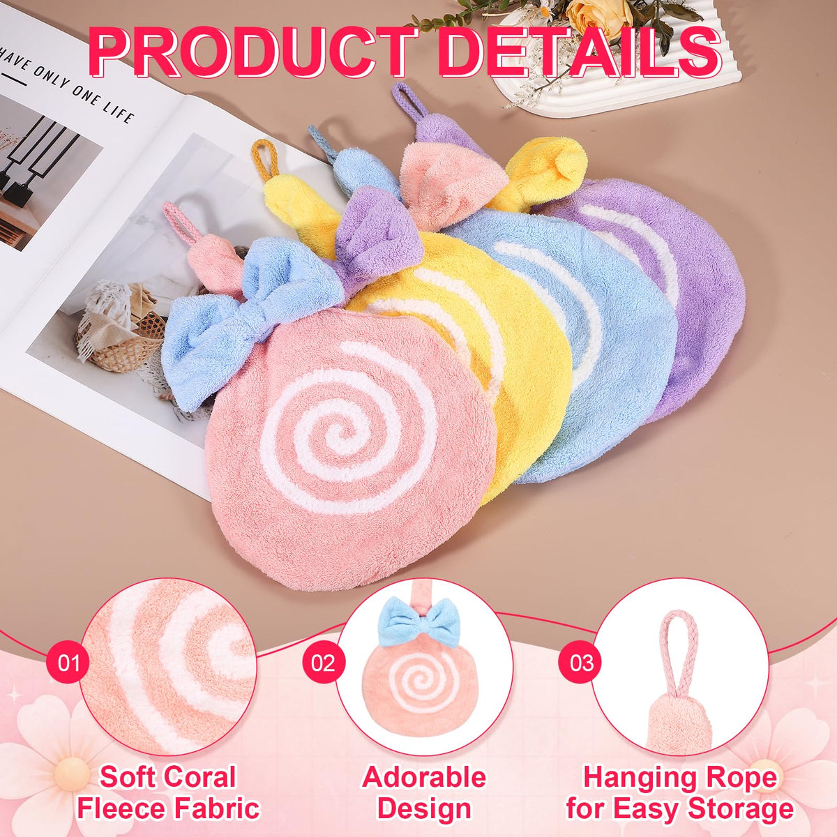 sourcing map Cute Hand Towels, Soft Coral Hanging Hand Towel with Hanging Loop, Lollipop Pattern, Highly Absorbent