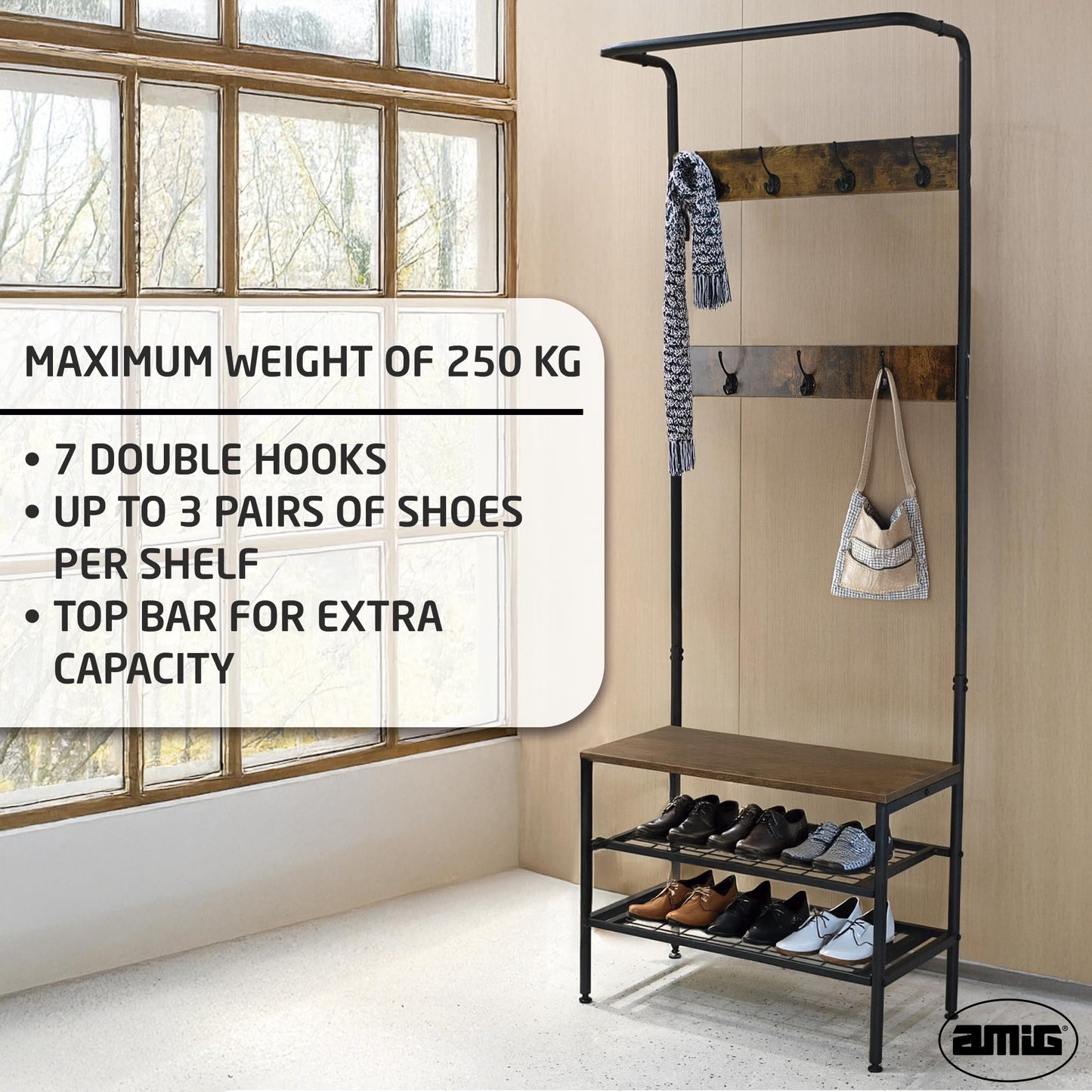 Amig - Coat Rack with Shoe Shelf Lukïen Entryway Furniture with Industrial Style Bench 183x66x32.5 cm Metal and Wood Black and Brown Furniture for