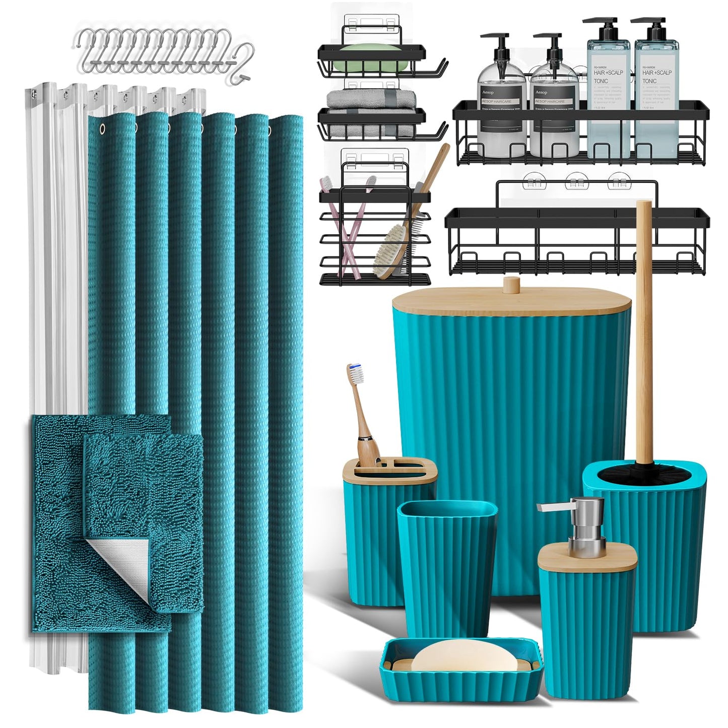 Shower Caddy and Bathroom Accessories Set with Bath Rugs, 27PC Bathroom Accessory Set with Shower Caddies Teal Bath Rugs, Shower Curtain Set