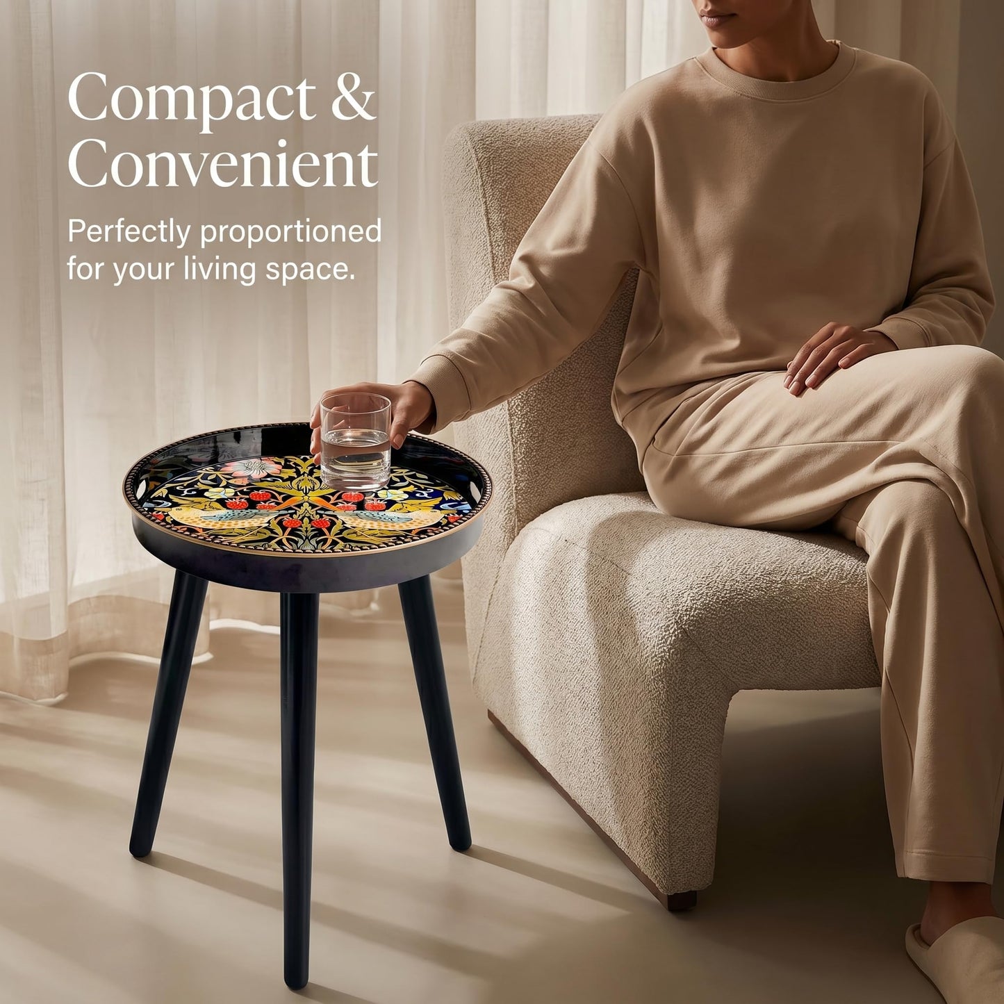 Simmer Stone Round Indoor Side Tables with Detachable Wooden 3 Legs, Versatile Tray Table, Perfect For Round Coffee Table Tea