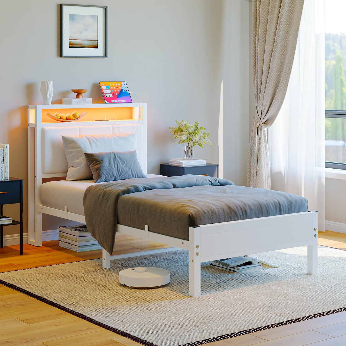 FOUBAM 3FT Single Bed Frame with Storage Headboard, White