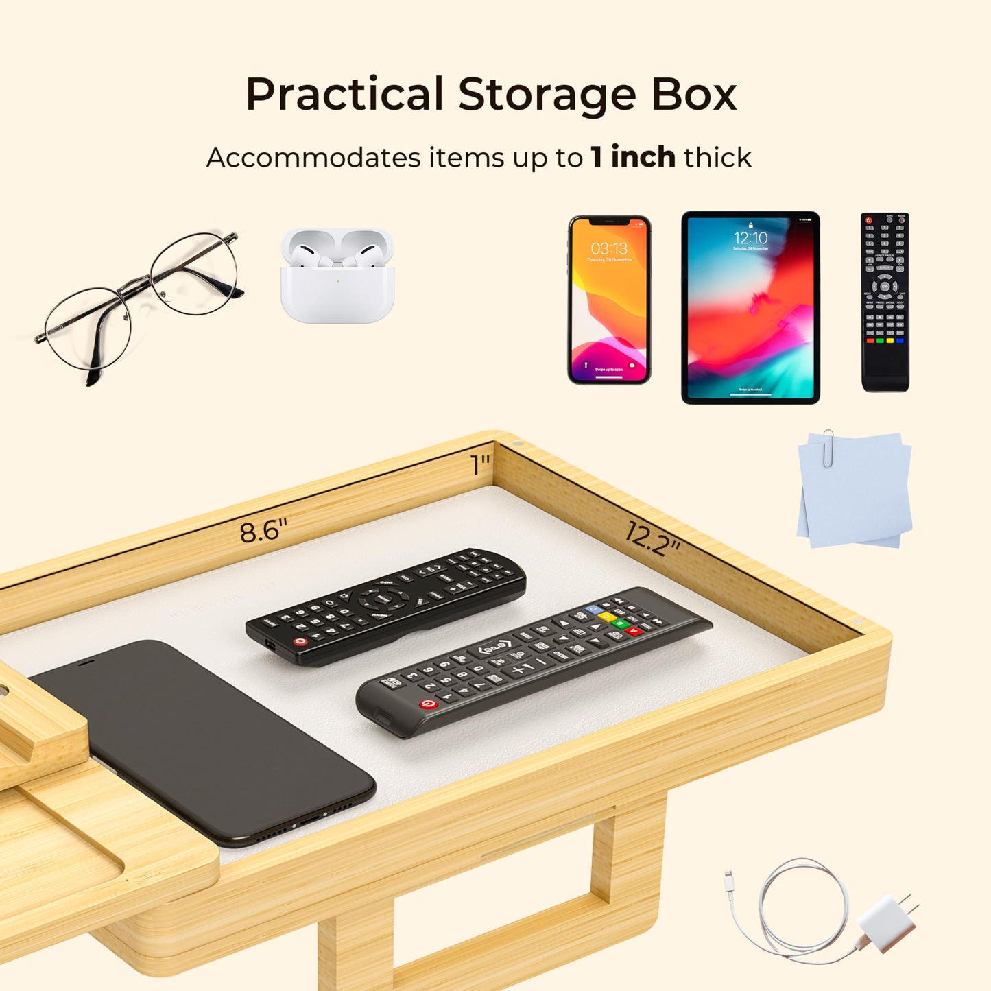 Wealone Bamboo Couch Arm Tray for Wide Couch, Sofa Arm Clip Table with Storage Box, Couch Armrest Tray with 360°Rotating Phone Holder