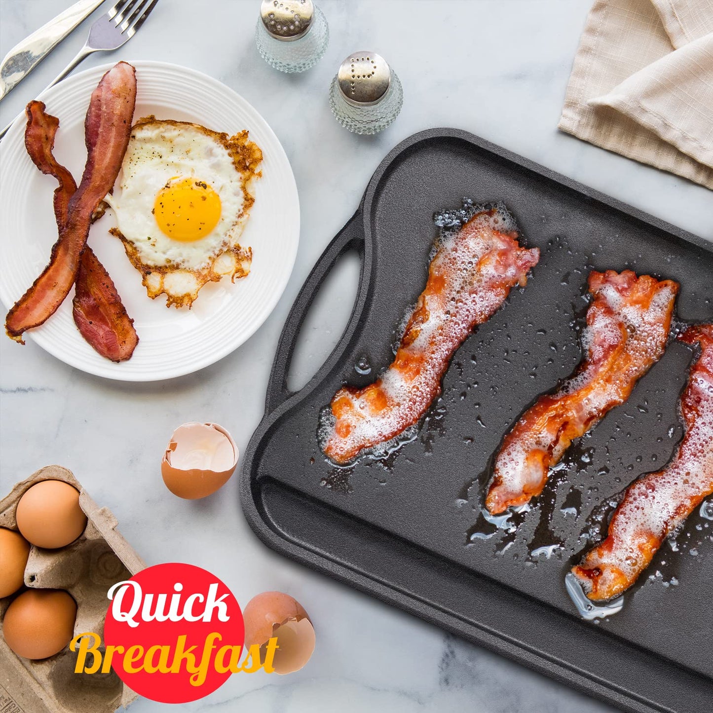 OVERMONT Pre-Seasoned Cast Iron Reversible Griddle Grill Pan with Handles for Gas Stovetop Open Fire Oven, 51.2 * 23.5CM (20x9.2) - One Tray, Scrapers