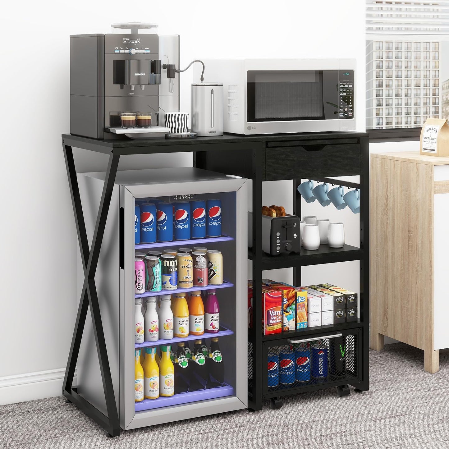 PUNCIA Coffee Bar Cabinet with Mini Fridge Space for Dorm Kitchen Black