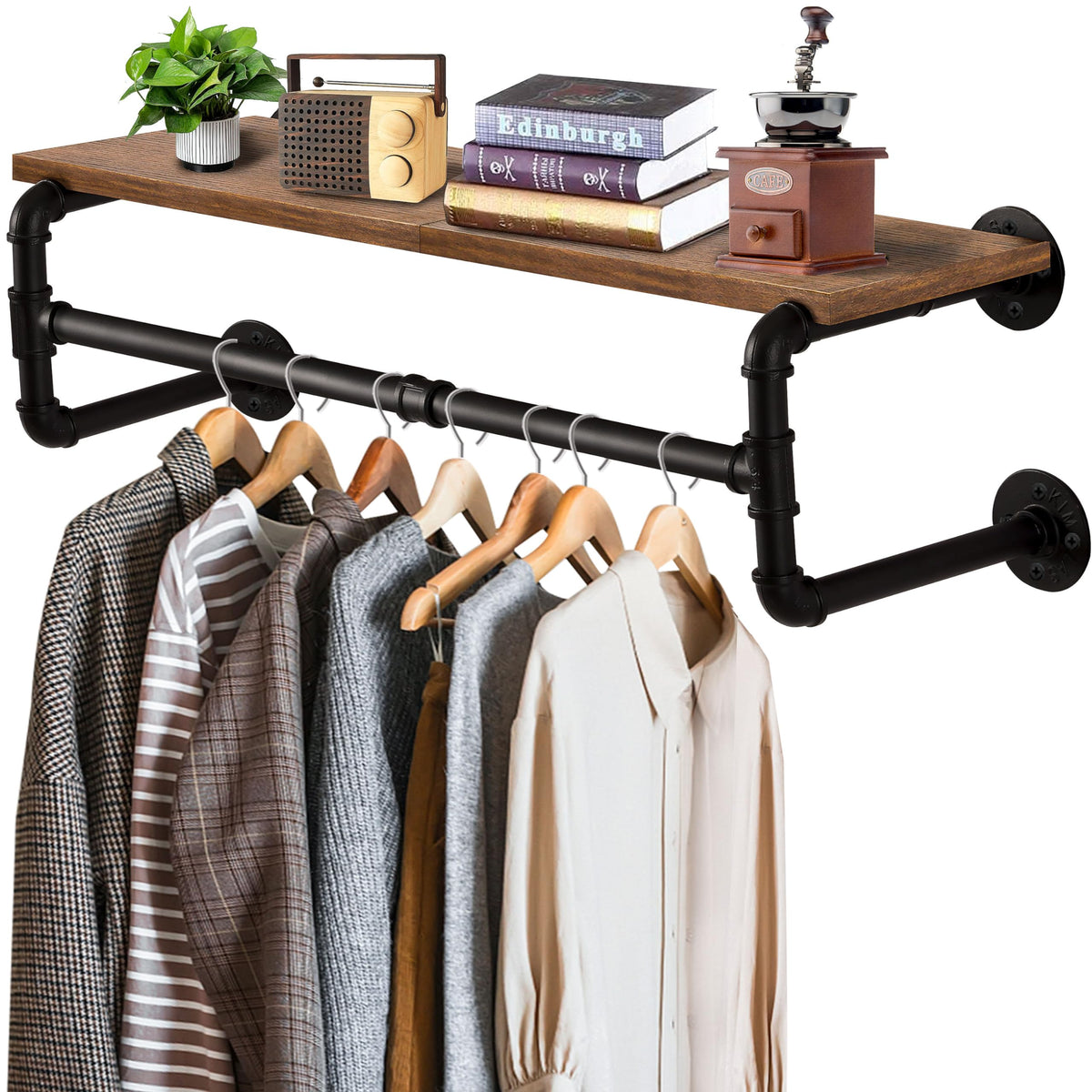Yawinhe Industrial Pipe Clothes Rack with Top Shelf, 70cm Space Saving Hanger with 4 Bases, Multi Purpose Hanging Rod for Shops, Homes, and Closets