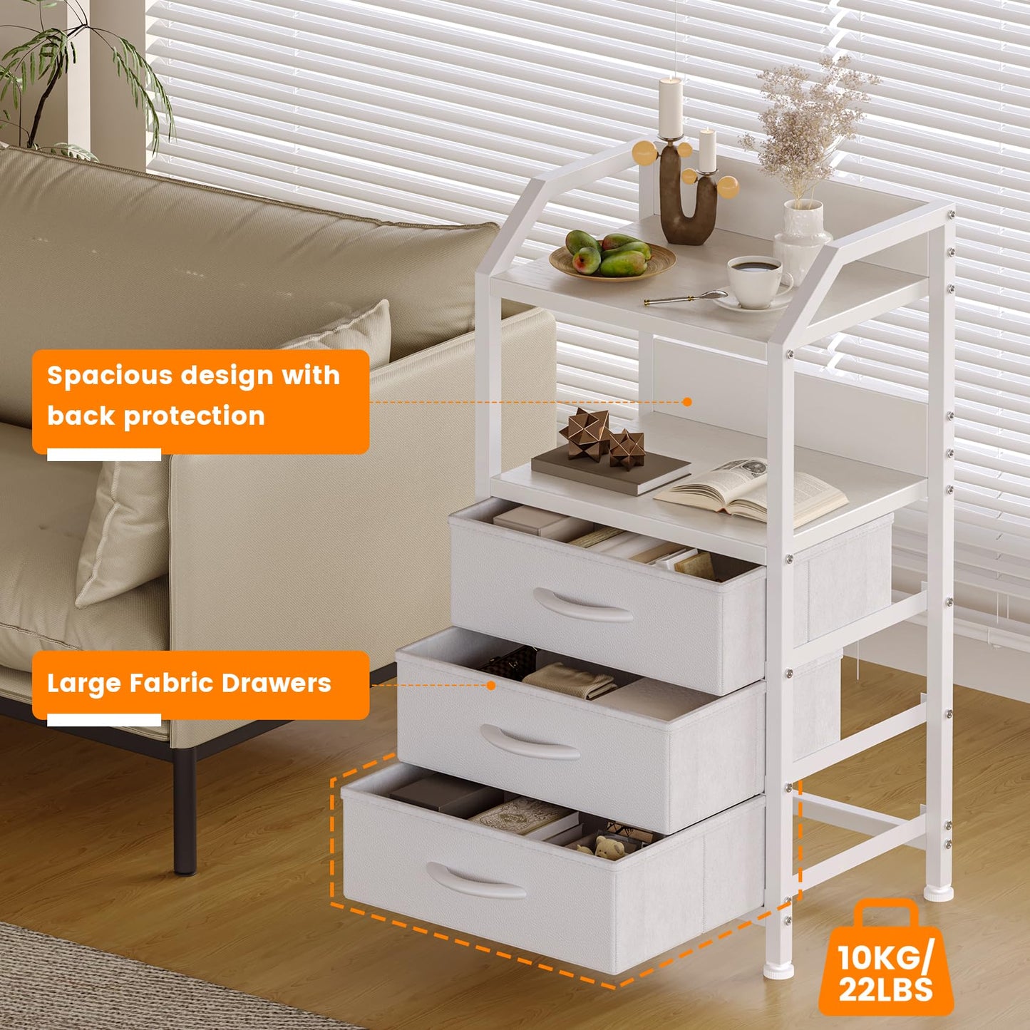 Feonase Bedside Table with 3 Fabric Drawers and Open Shelf, Nightstand for Bedroom, Living Room, Small Spaces – Metal Frame & Wooden Top