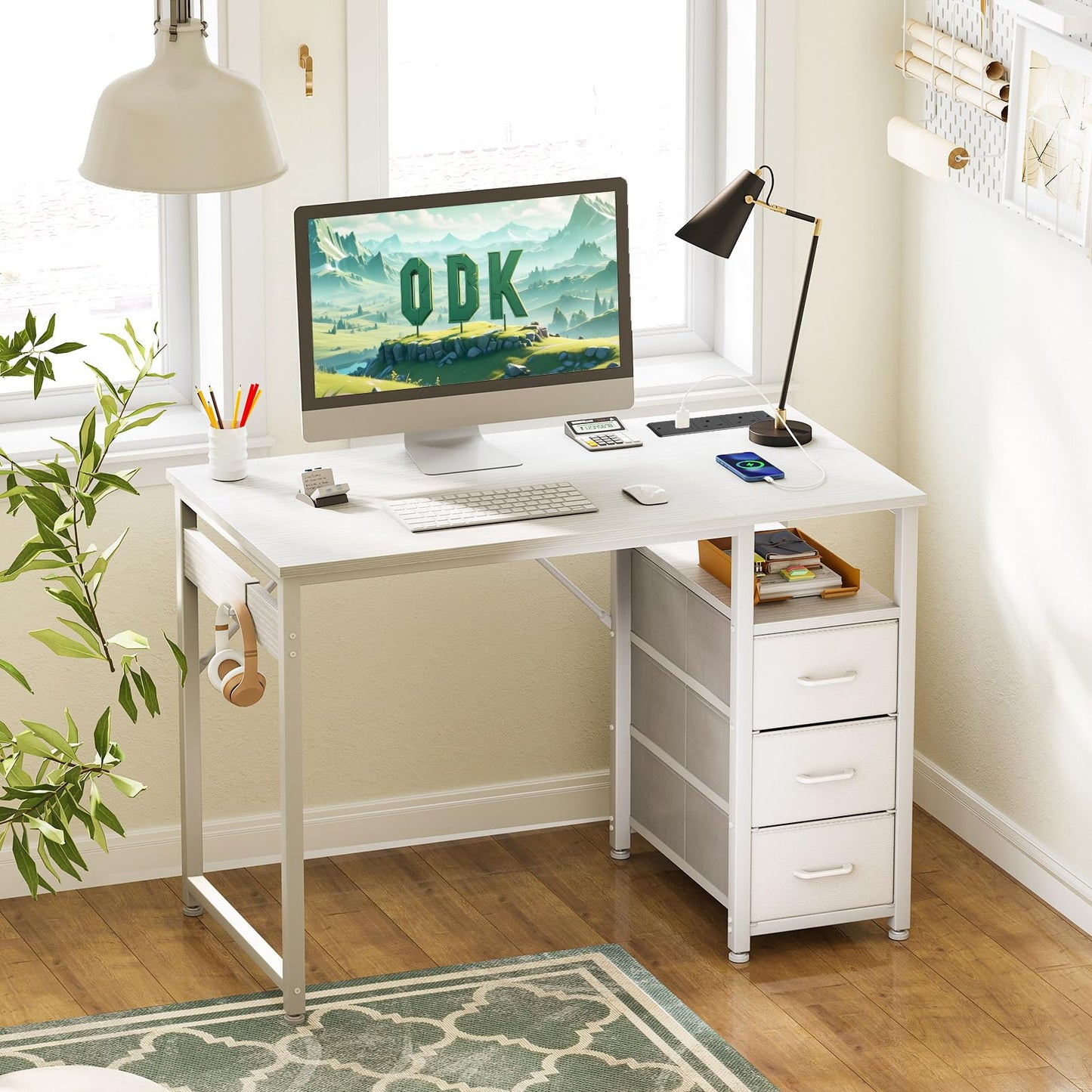 ODK Computer Desk with Drawers, 100cm Office Desk with Sockets, White
