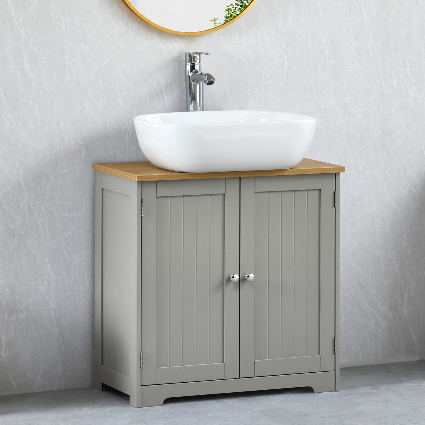 Bath Vida Priano 2 Door Under Sink Cabinet | Grey & Oak | 60 H x 60 W x 30 D cm | Adjustable Shelf Space | Freestanding Storage Basin Unit | Compact