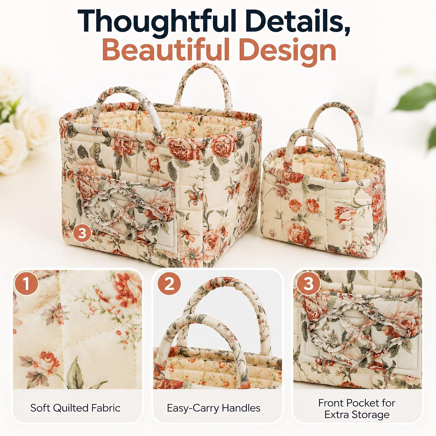 Boho Foldable Floral Storage Basket with Handles 2 PCs