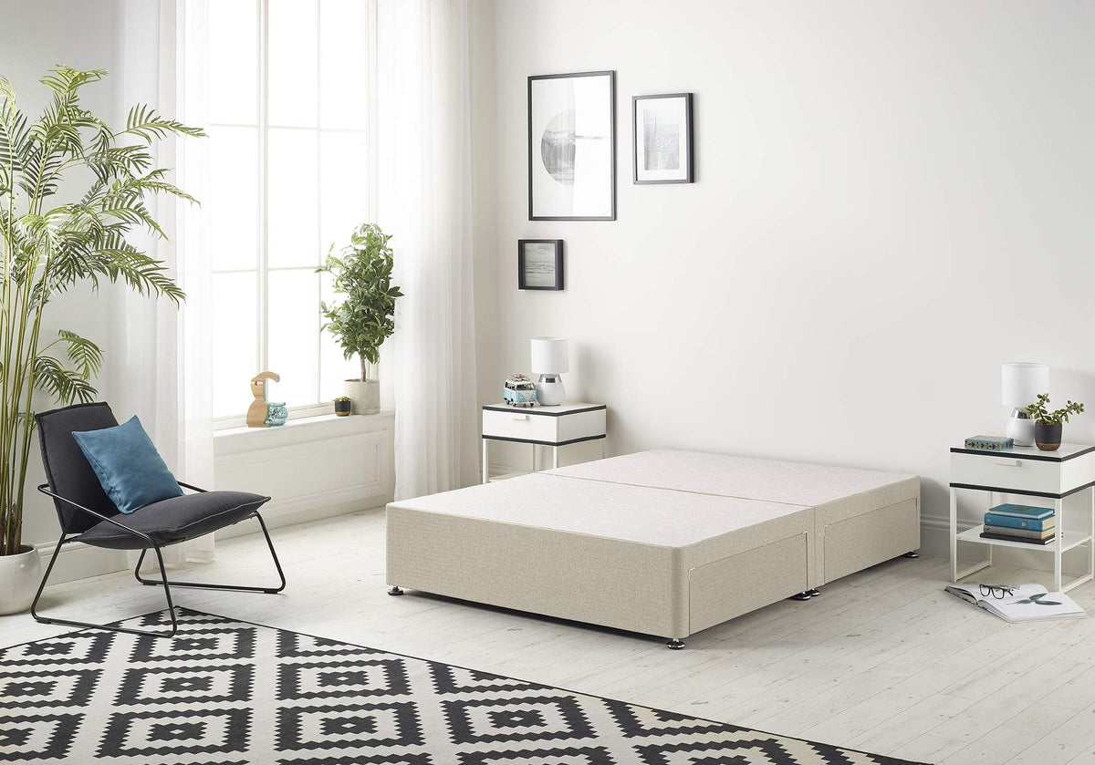 Bed Centre Flexby Divan Base Only with No Drawers and No Headboard - Available in 3ft,4ft,5ft and 6ft- Fabric (5FT King, Tweed Natural Fabric)