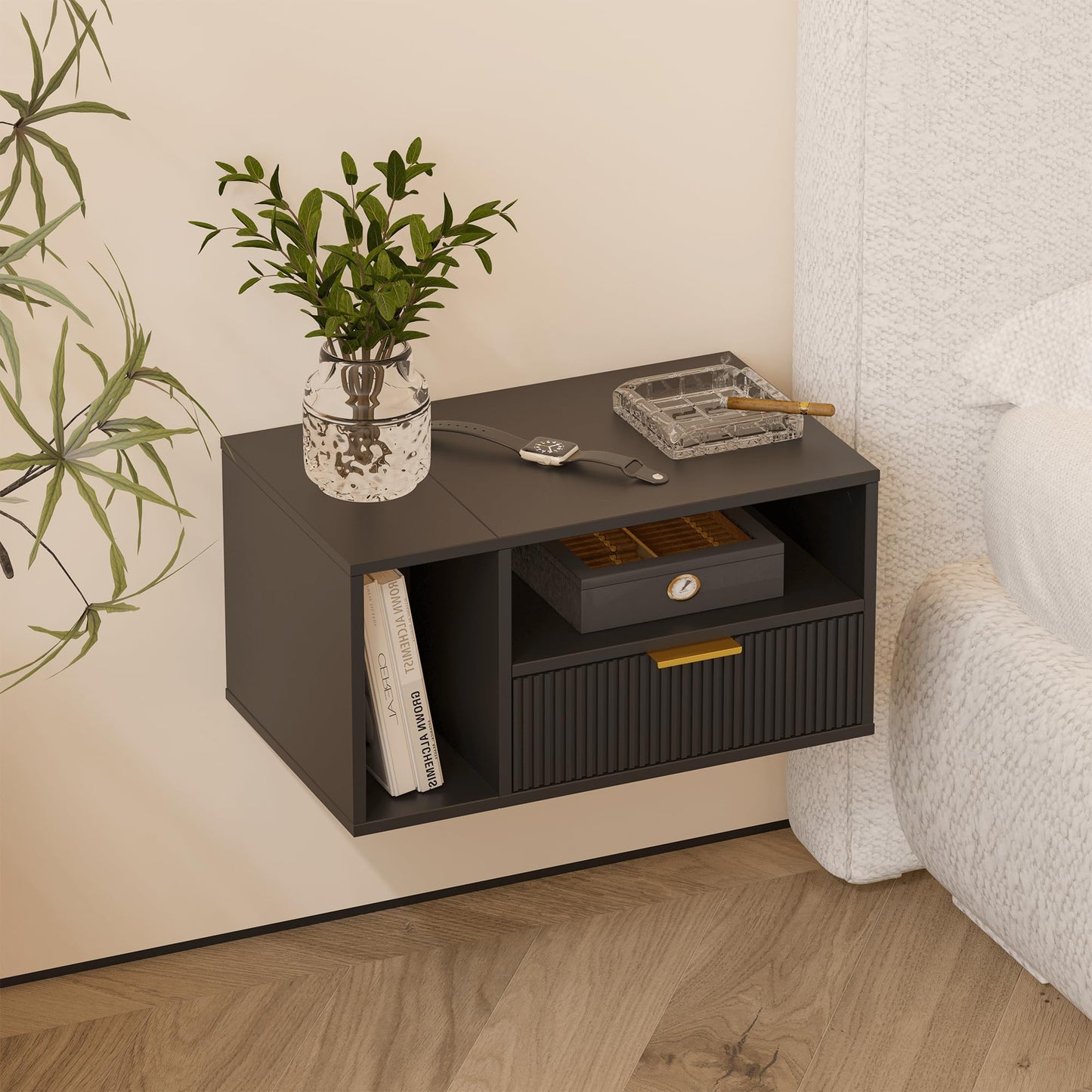 JERX Floating Bedside Table, Wall Mounted Nightstand with Storage Drawer Modern Wooden Bedside Table for Bedroom Black