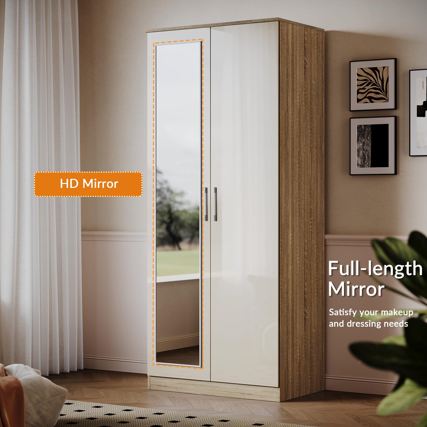 ELEGANT 2 Door Mirrored Wardrobe, Black-Walnut, 178x76x45cm