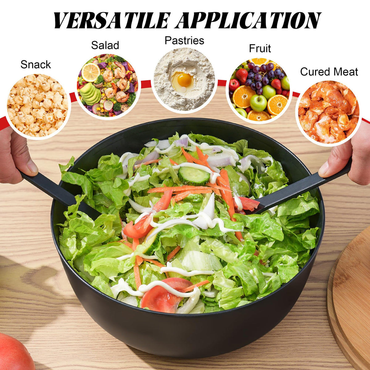 GEHE Salad Bowl with Servers Set - Large 9.8 inches Mixing Bowls Solid Bamboo Salad Wooden Bowl with Bamboo Lid Spoon for Fruits,Salads and Decoration