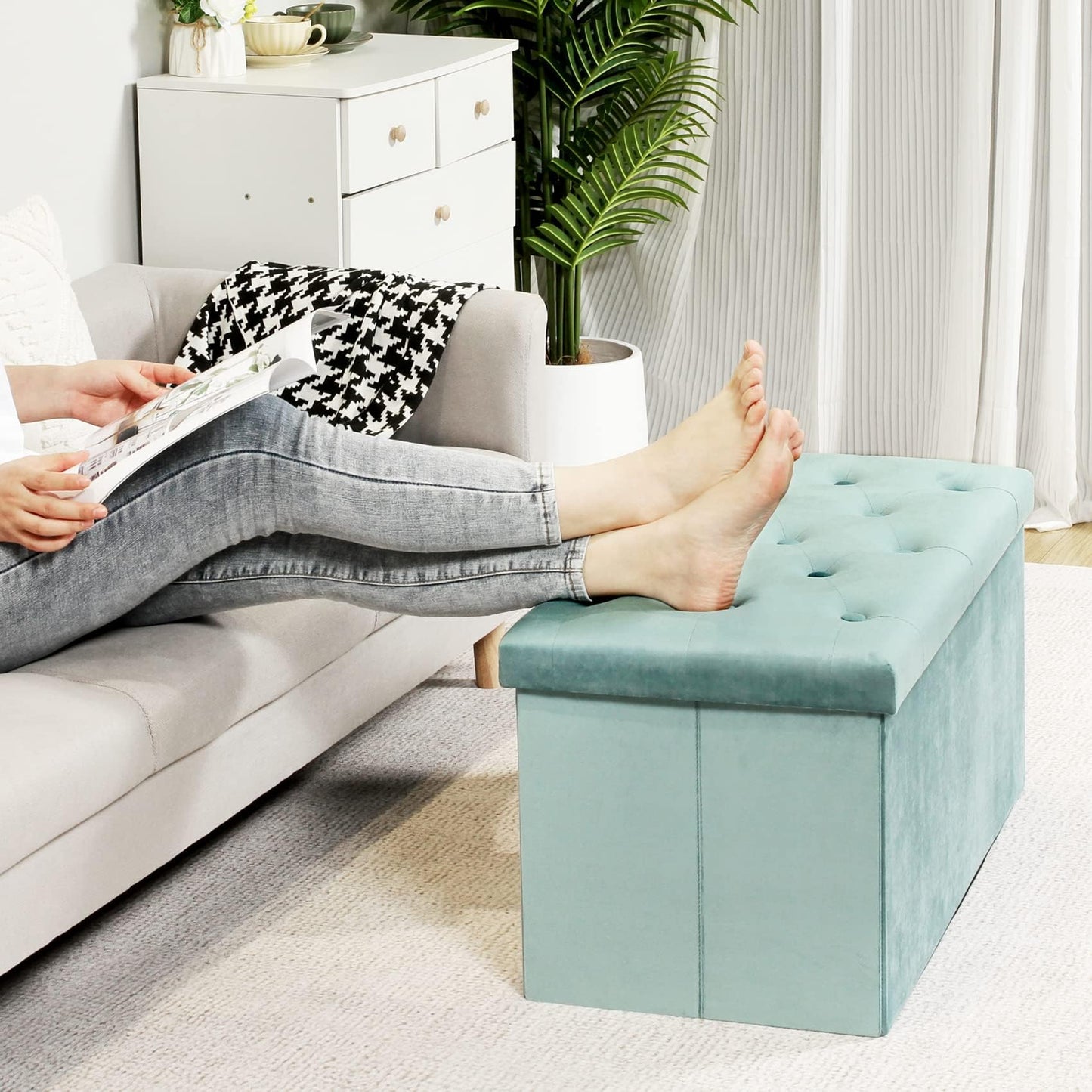 Bonlife Folding Velvet Ottoman Storage Bench,Footrest Stool Seat,Toy Chest Storage Box with Lid,Footstool for Living Room,Green,80x40x40cm