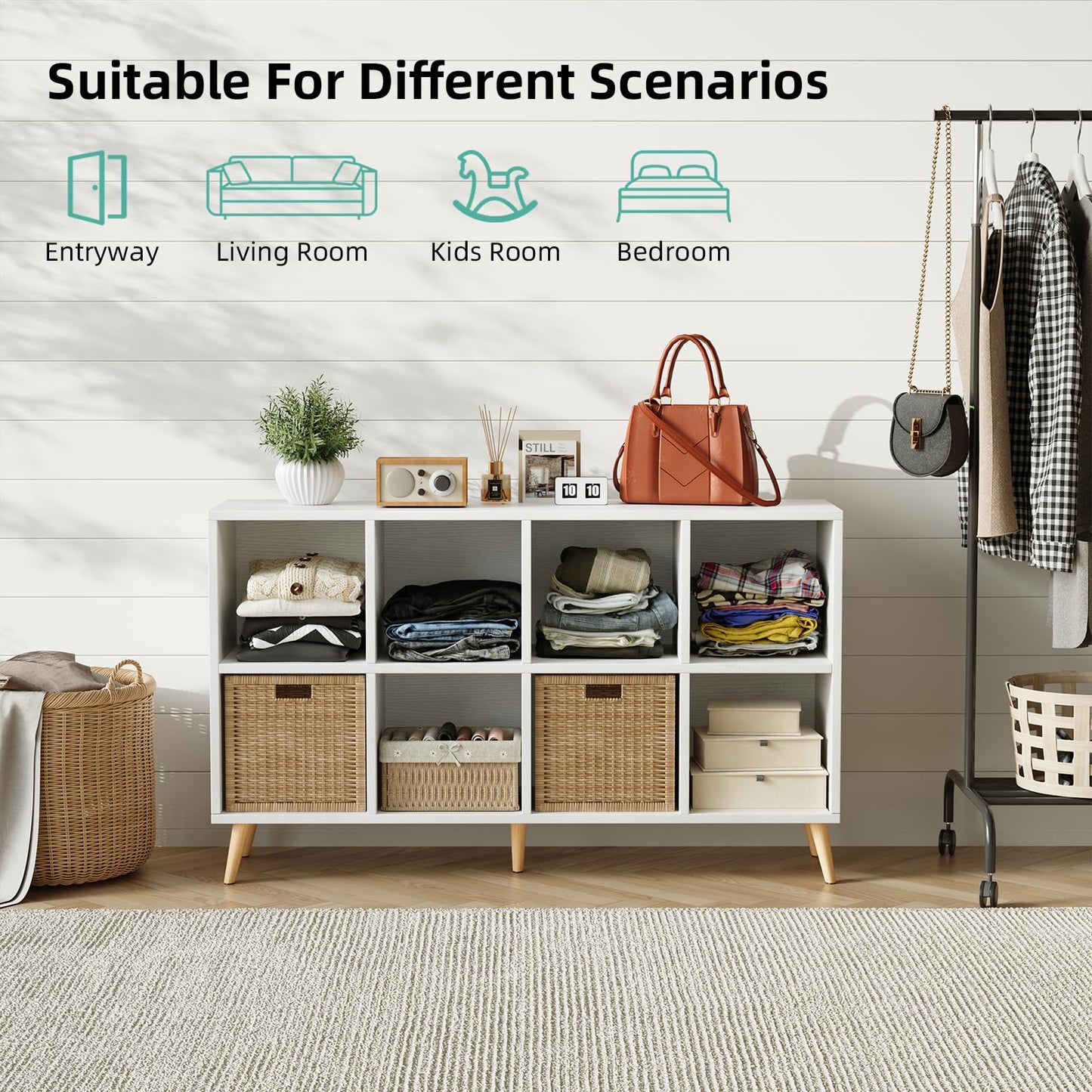 Flrrtenv 8-Cube Bookshelf 2 Tier Modern Bookcase with Legs, 120cm Wood Bookshelves Storage Organizer Shelf