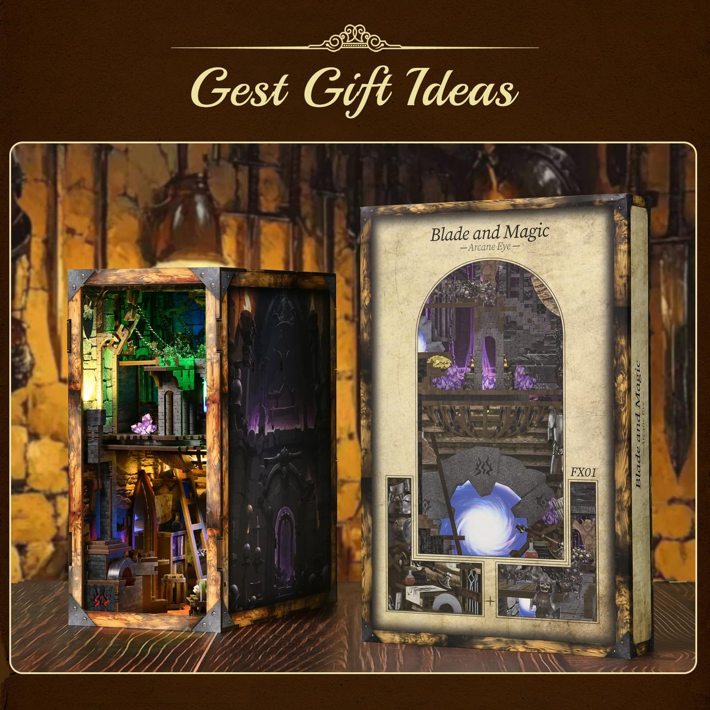 MiniCity Book Nook Kit, DIY Miniature Dollhouse Booknook Kit, 3D Wooden Puzzle Bookend Bookshelf Insert Decor with LED Light for Teens and Adults