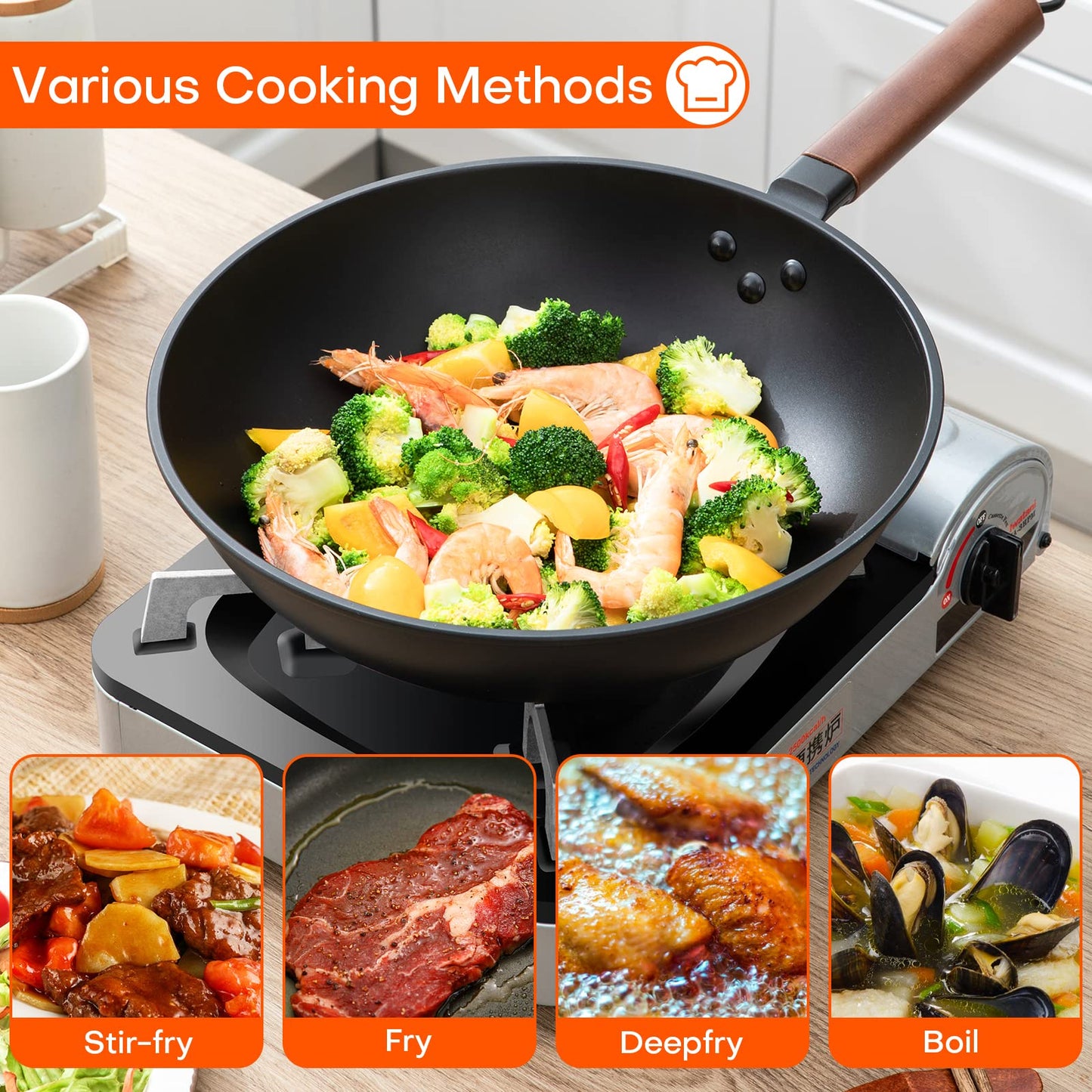 Jobin 33cm/5.6L Non Stick Wok with Lid of Iron Carbon Steel Frying Pan No Chemical Coated and Large Capacity for Cook Asian Dishes for 4-6 People,